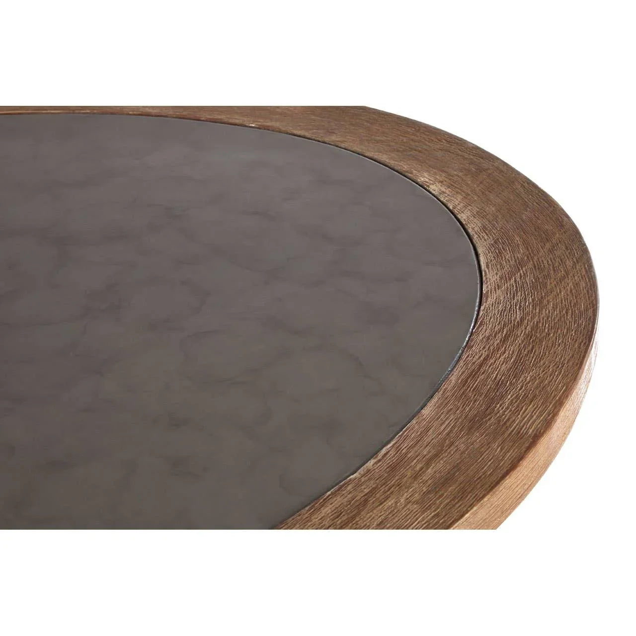 Round coffee table with grey marble top and wooden edge, close-up view