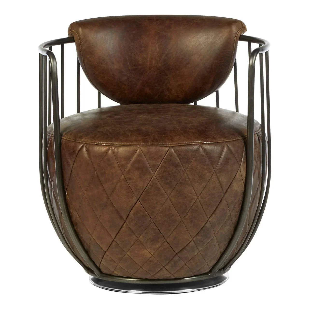 Brown leather accent chair with quilted seat and metal frame, front angle