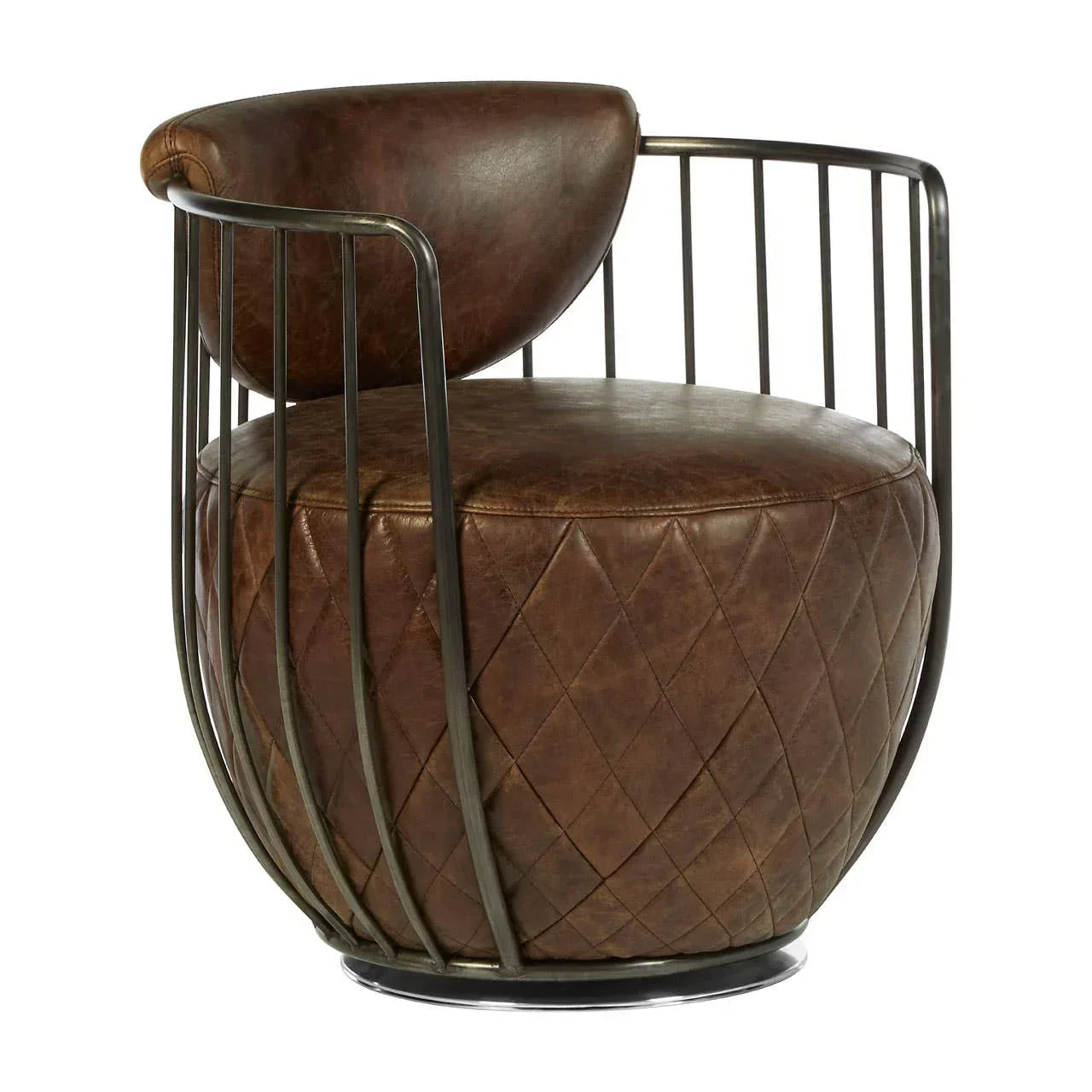 Brown leather accent chair with diamond stitching and black metal frame, front angle