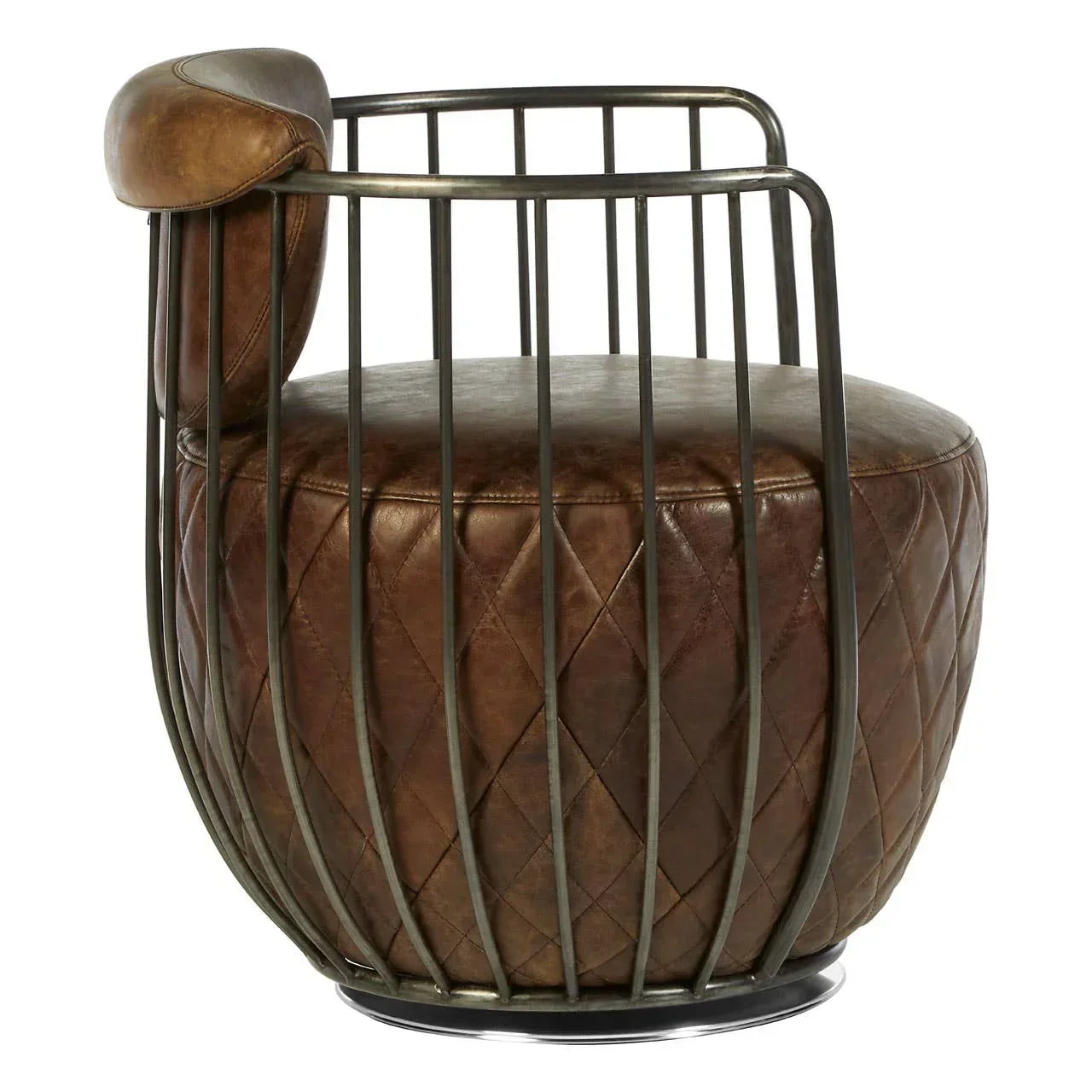 Brown leather accent chair with quilted seat and metal frame, side view