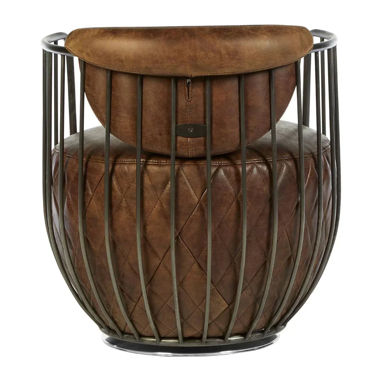 Brown leather accent chair with quilted cushion and black metal frame, rear view
