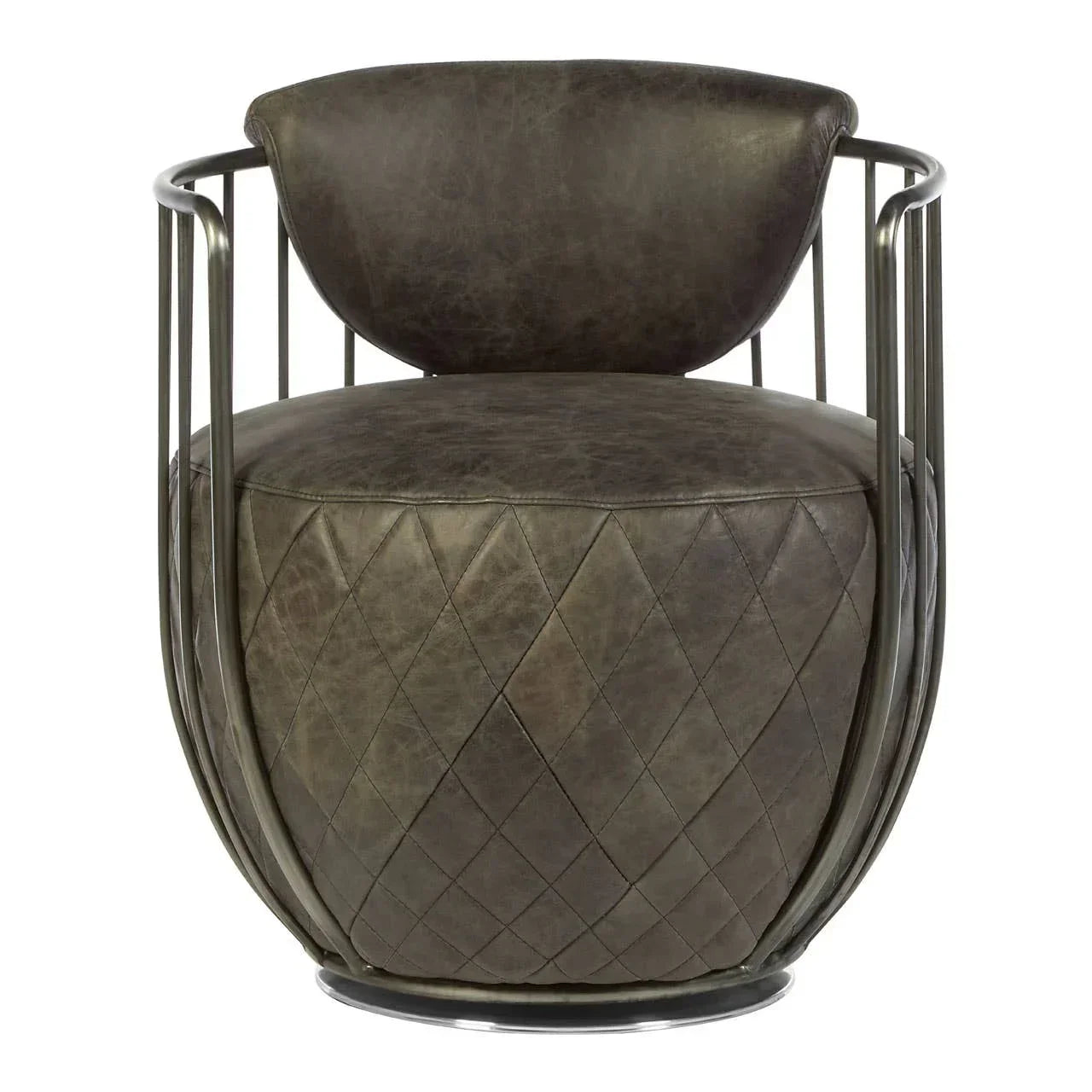 Grey leather accent chair with quilted stitching and metal arm frame, front view