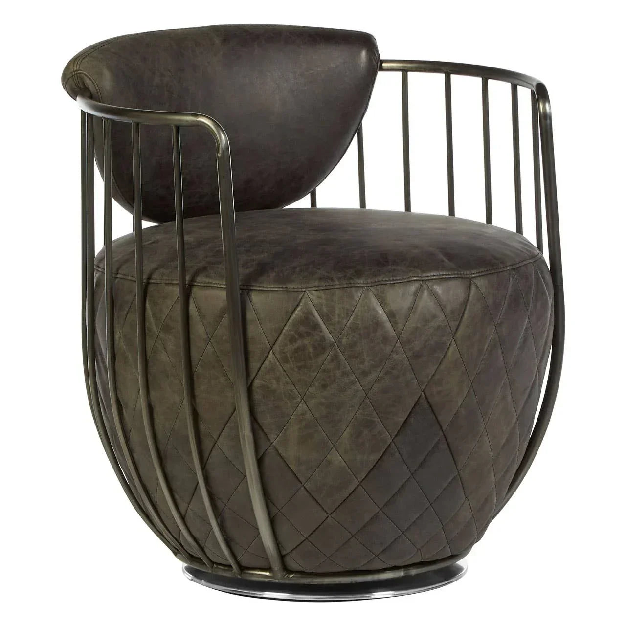 Dark brown leather accent chair with diamond quilted seat and metal bar frame