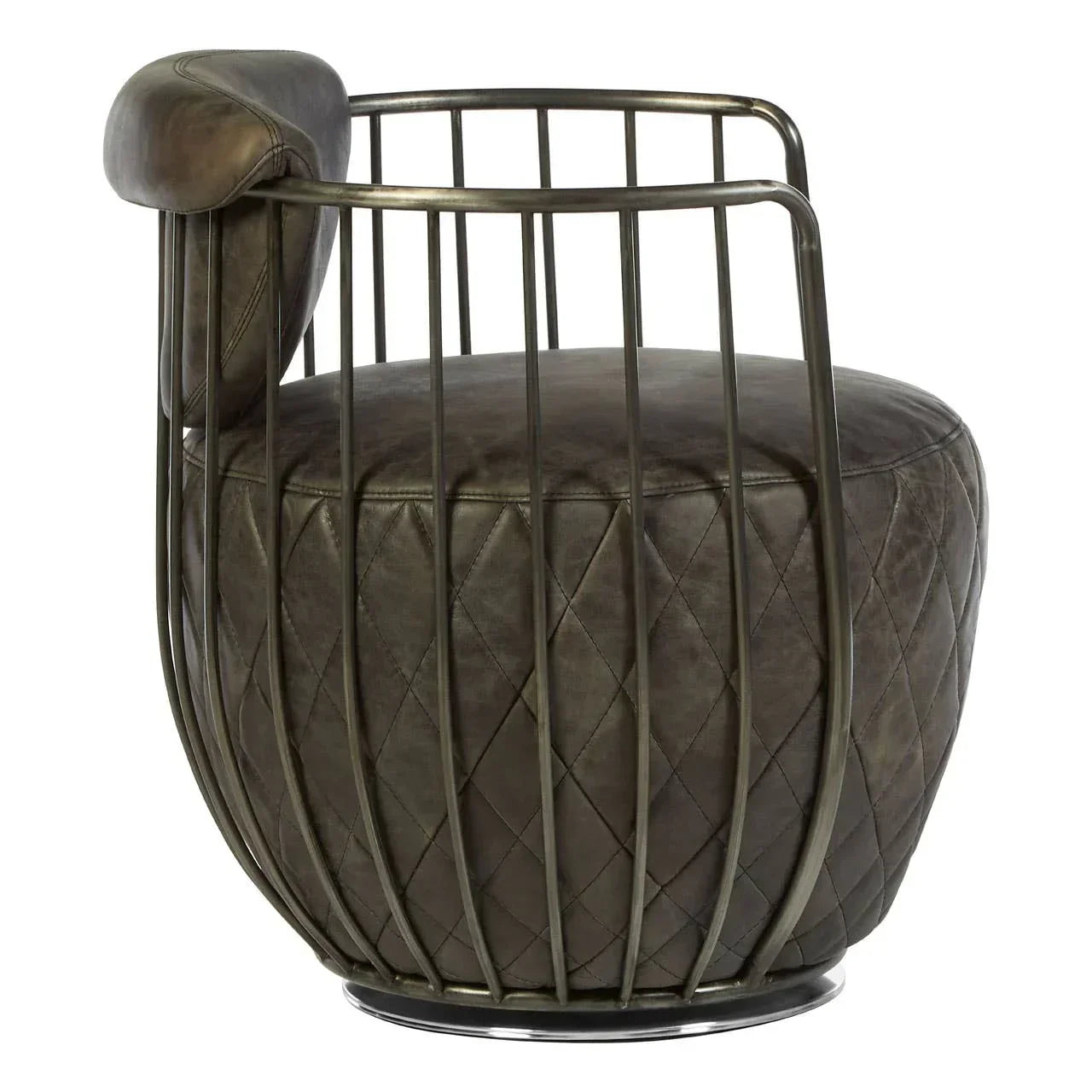 Quilted leather accent chair with metal frame and padded backrest, side view