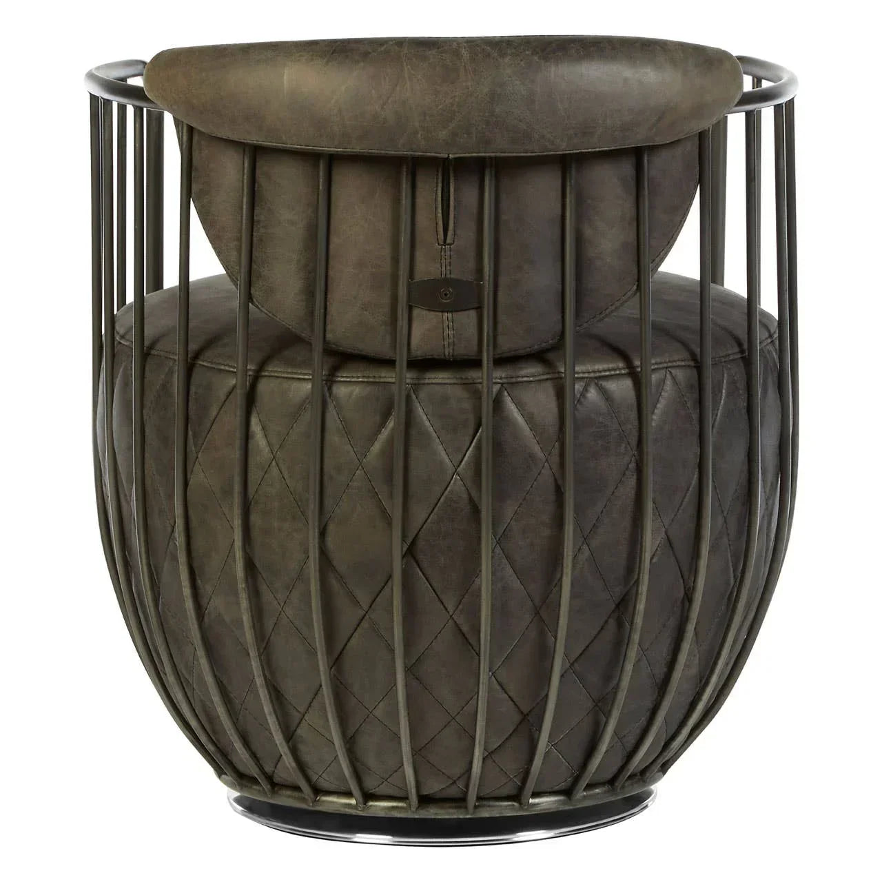 Grey leather accent chair with diamond stitching and metal frame, rear view