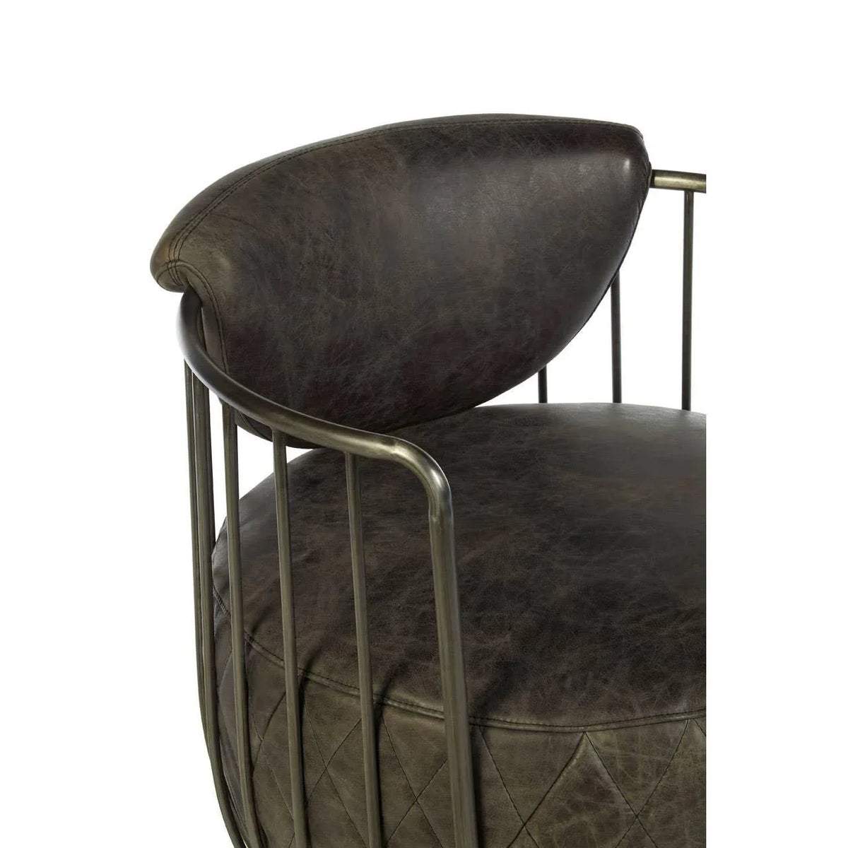 Brown leather dining chair with quilted seat and metal frame, side angle view