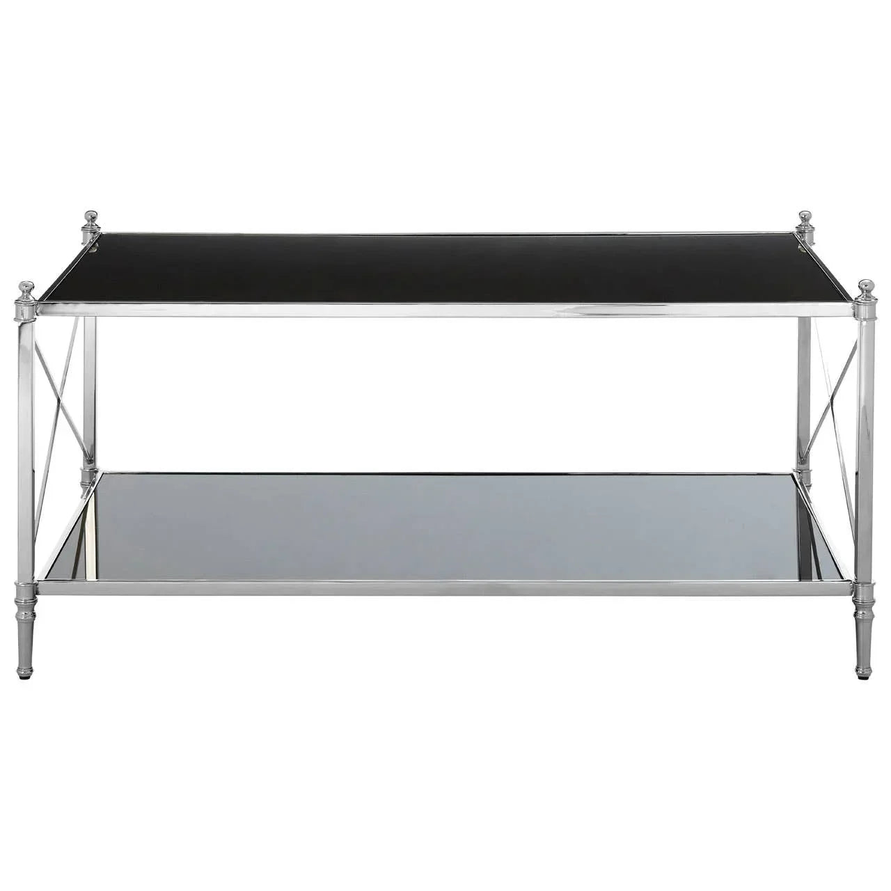 Rectangular glass coffee table with chrome metal frame and lower mirrored shelf, front view