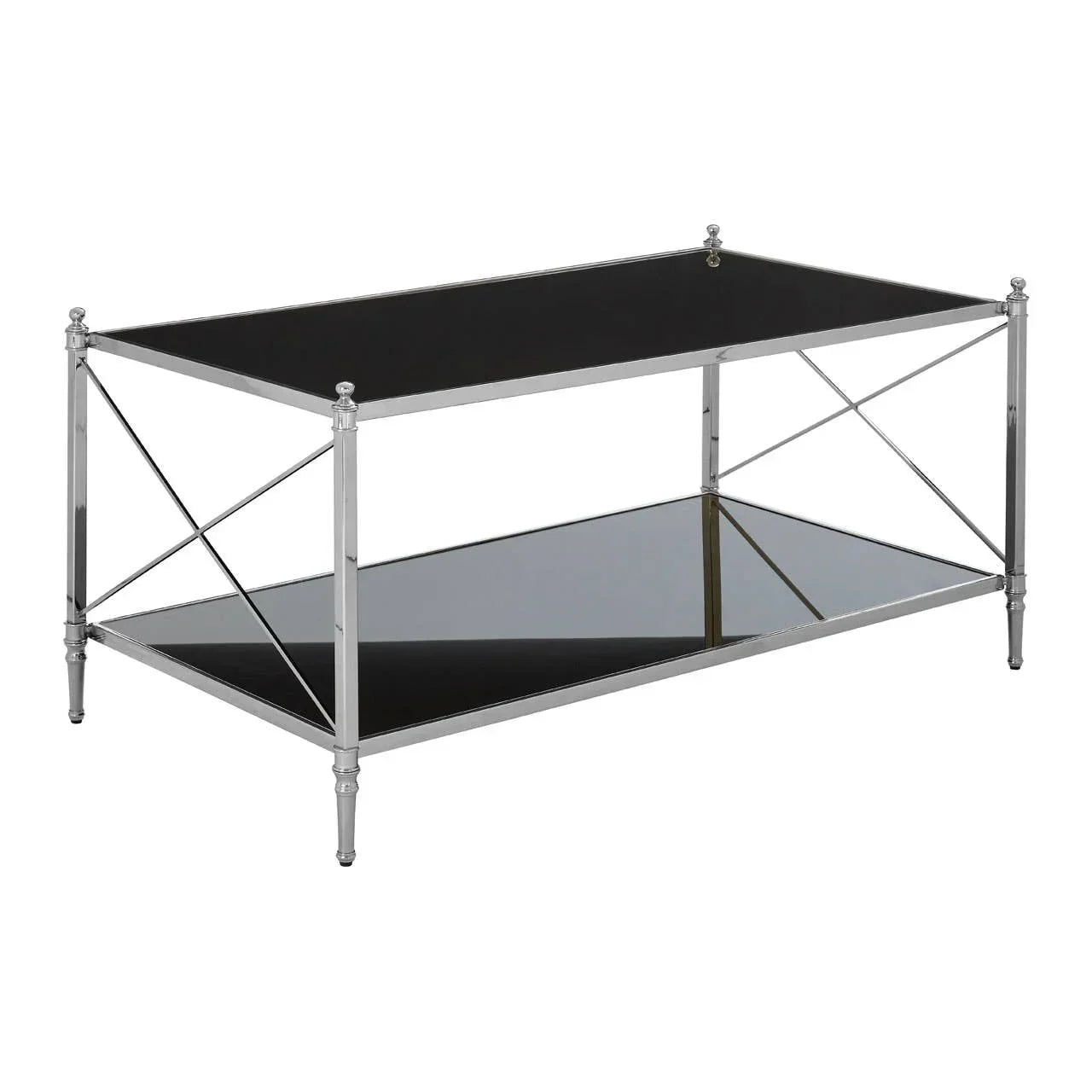 Rectangular glass coffee table with chrome frame and lower shelf, modern living room style