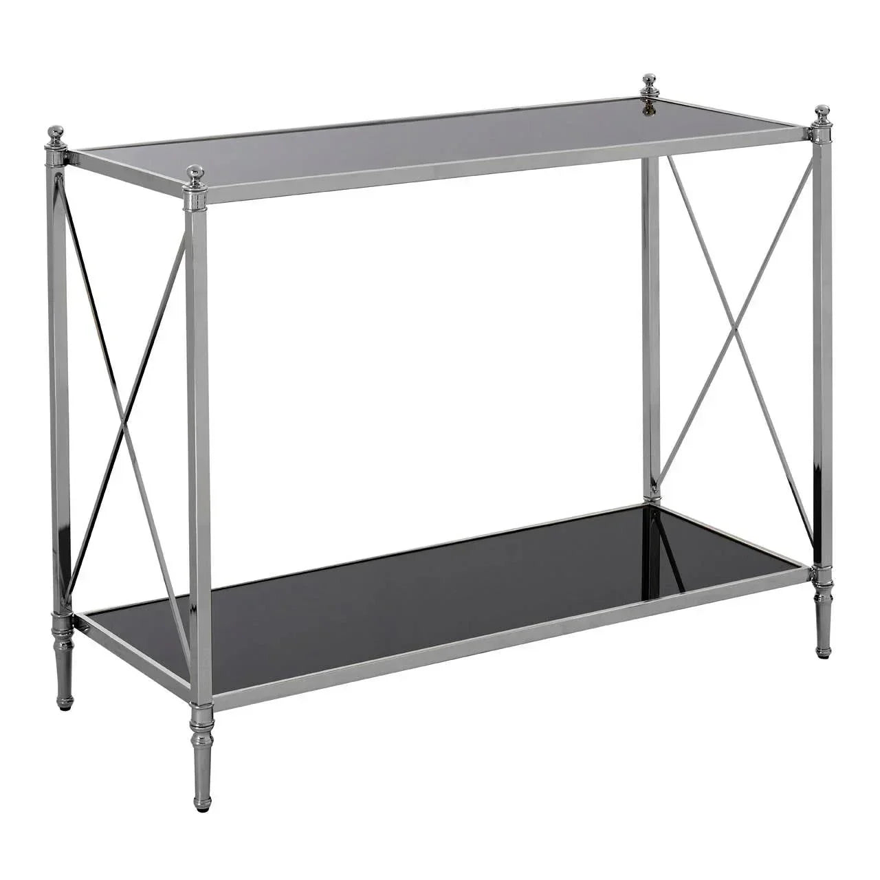 Chrome console table with black glass shelves and cross frame design