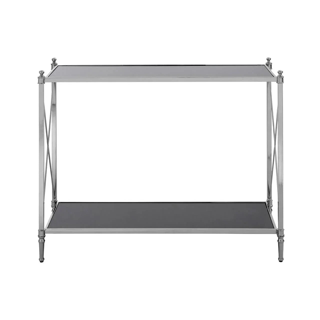 Chrome console table with black glass shelves and crossed side supports