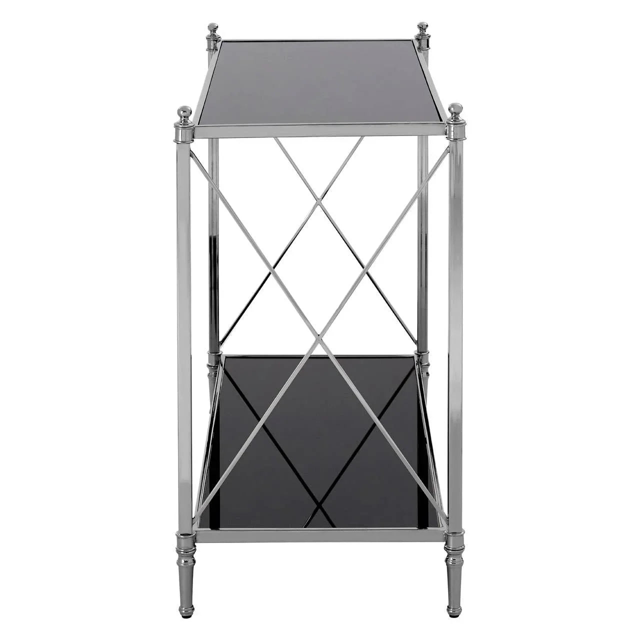 chrome and black glass side table with two shelves, front view showing crossed metal supports