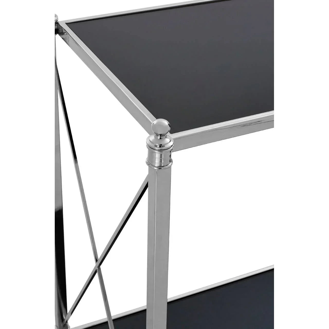 Chrome and glass shelving unit with black shelves, corner detail and cross-frame support