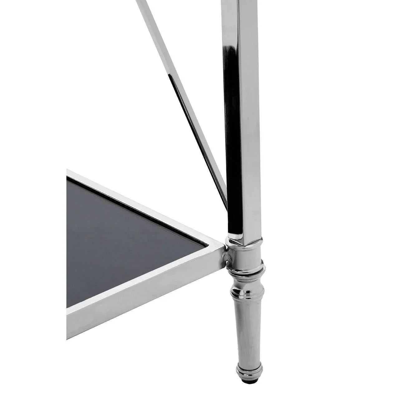 Chrome and black glass table leg with glossy finish and lower shelf corner detail