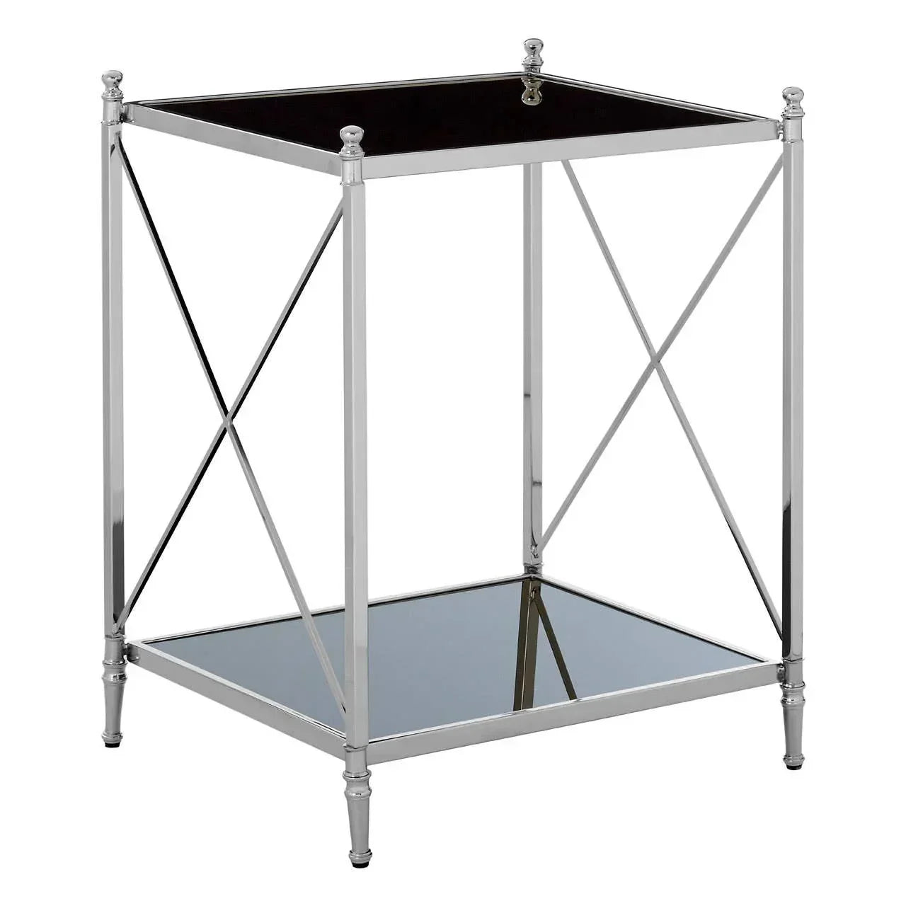 Chrome side table with black glass top and mirrored lower shelf, cross metal frame