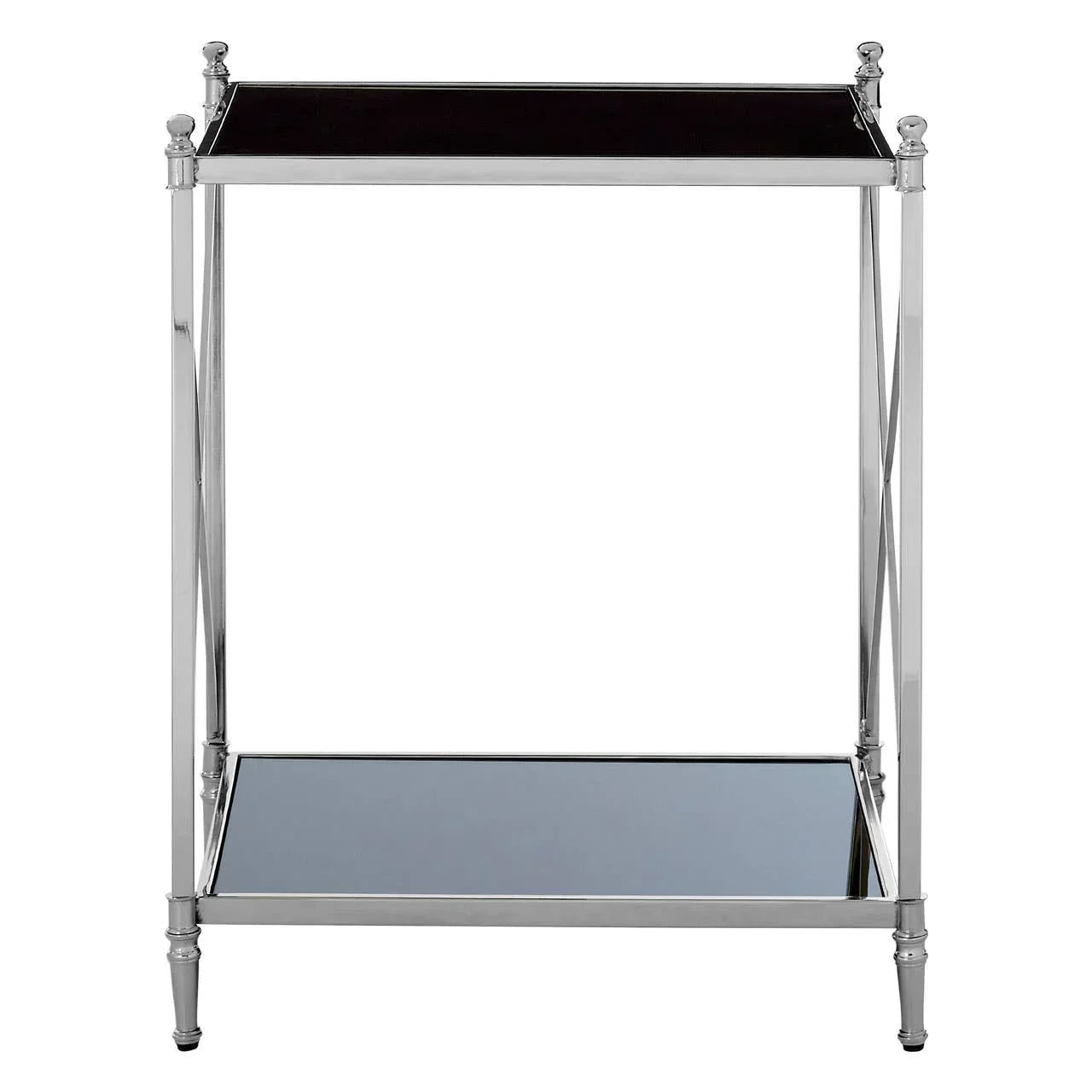 Chrome and glass side table with black top and mirrored lower shelf