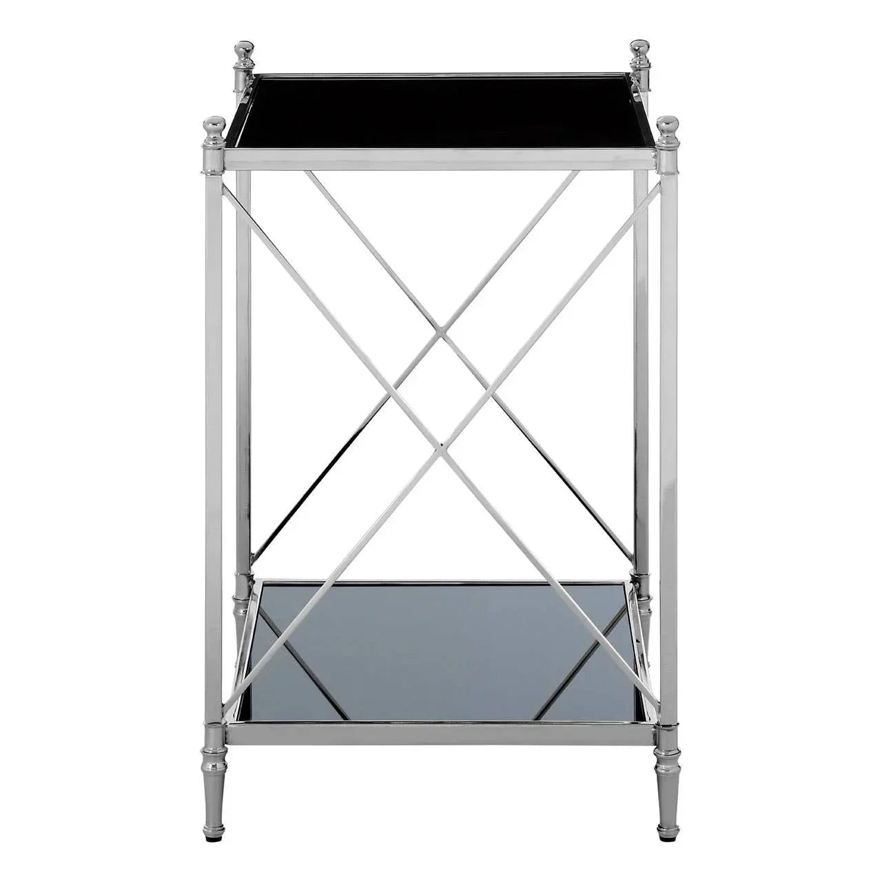 Chrome side table with black glass top and lower glass shelf, front view