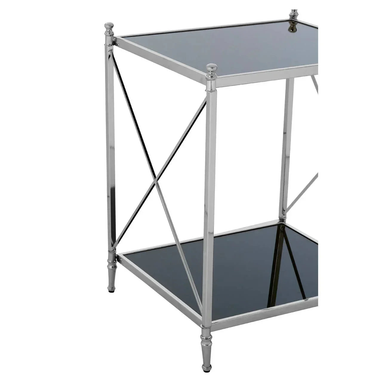 Chrome metal side table with black glass shelves and cross-frame detail