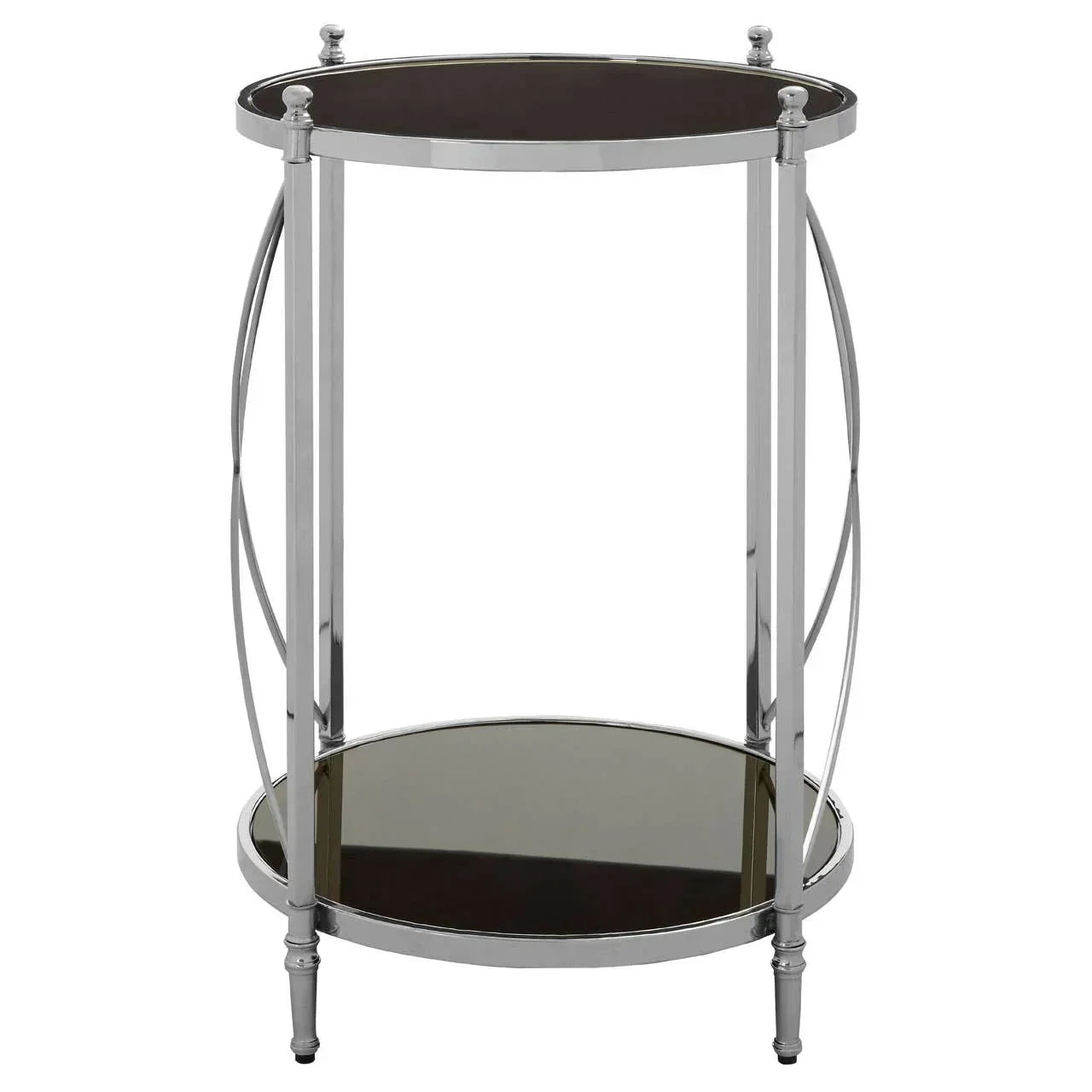 Chrome and black glass side table with round two-tier shelves and slim metal legs