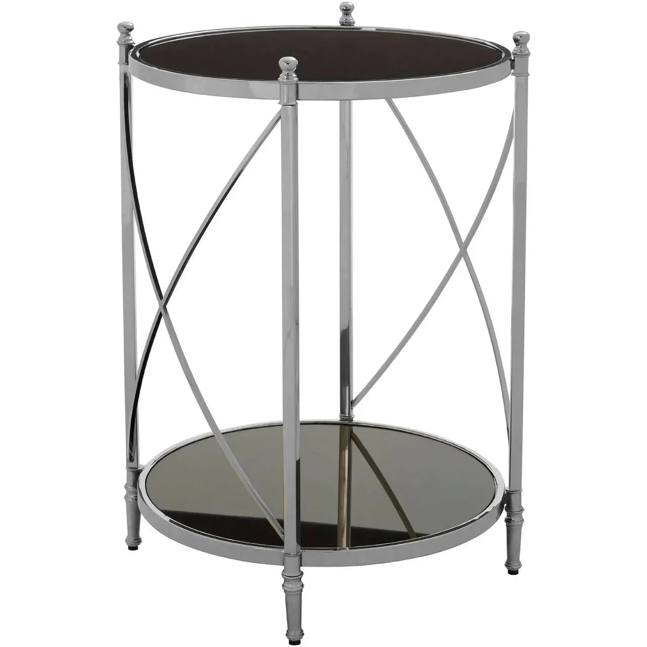 Round chrome side table with black glass shelves and crossbar frame design