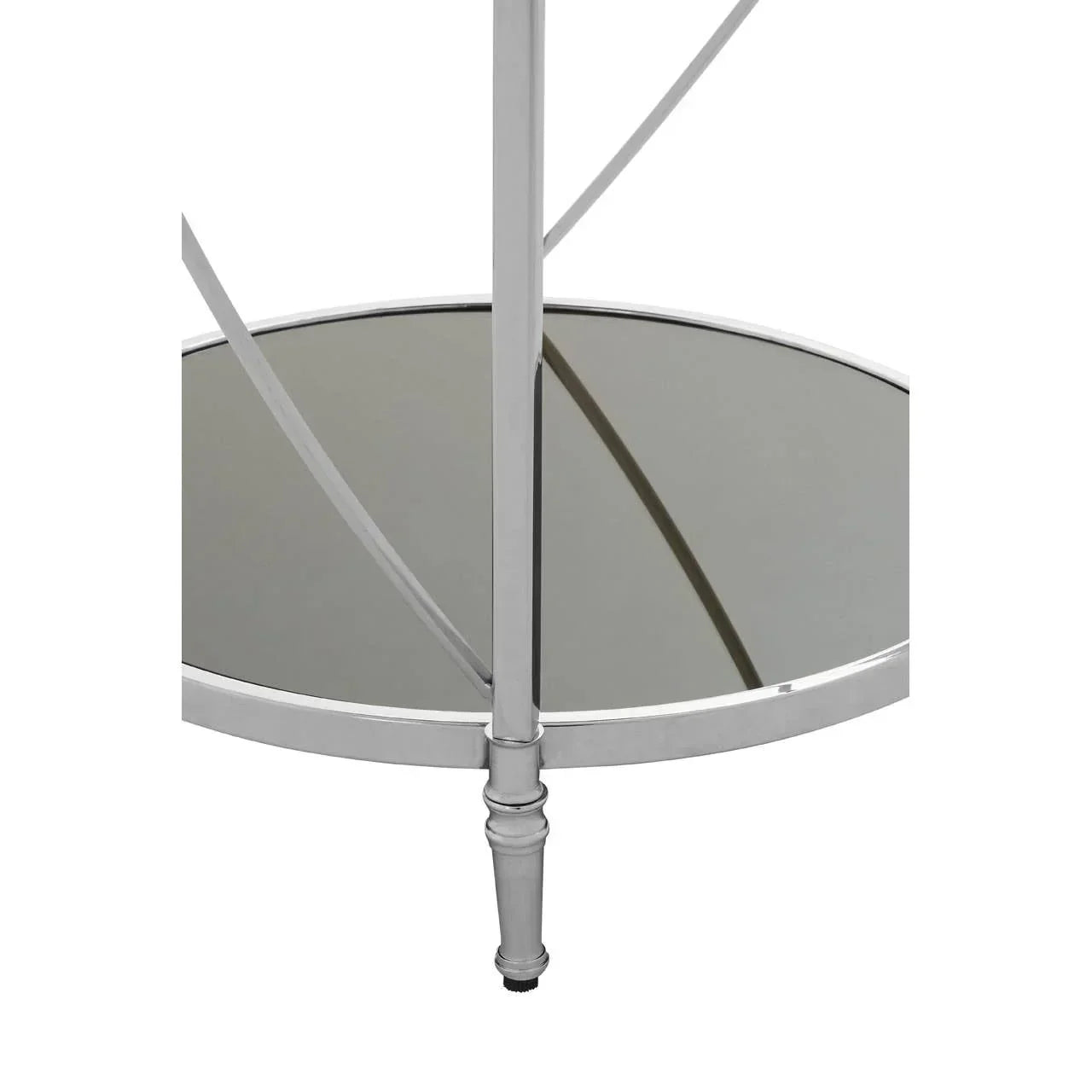 Round glass side table bottom shelf with chrome frame and decorative metal leg