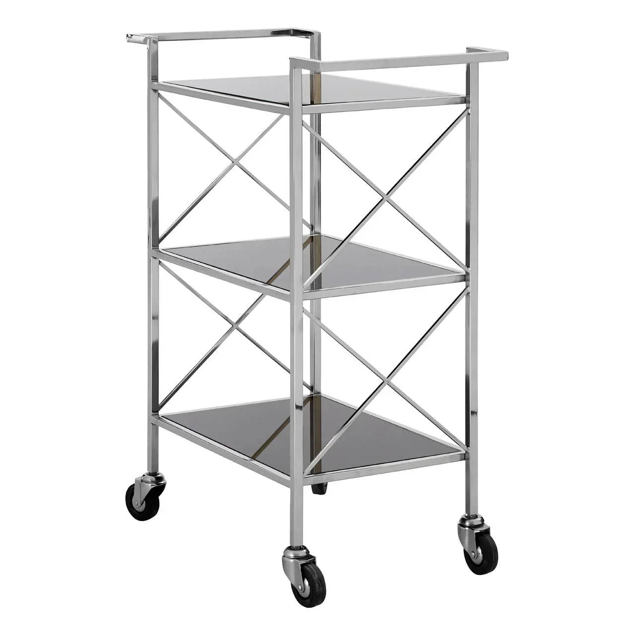 Chrome metal drinks trolley with three black glass shelves and swivel castor wheels