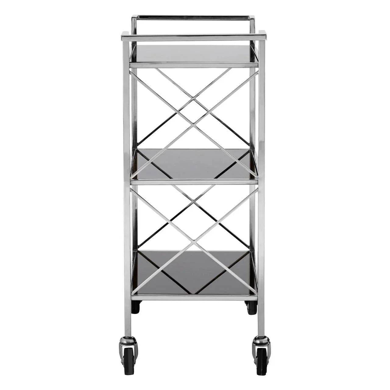 Chrome and black glass drinks trolley with two shelves and castor wheels, front view