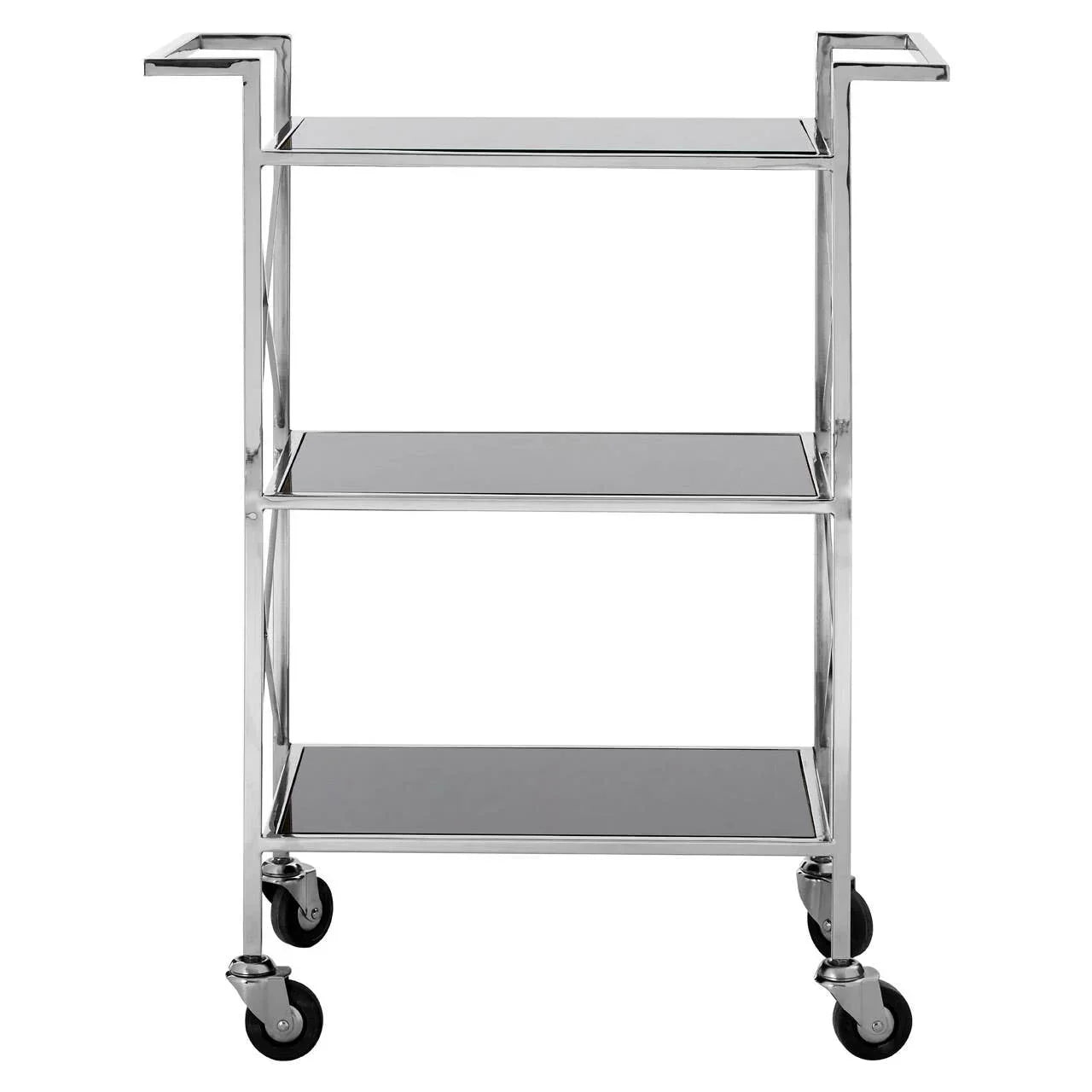 Three tier chrome serving trolley with black glass shelves and caster wheels, front view