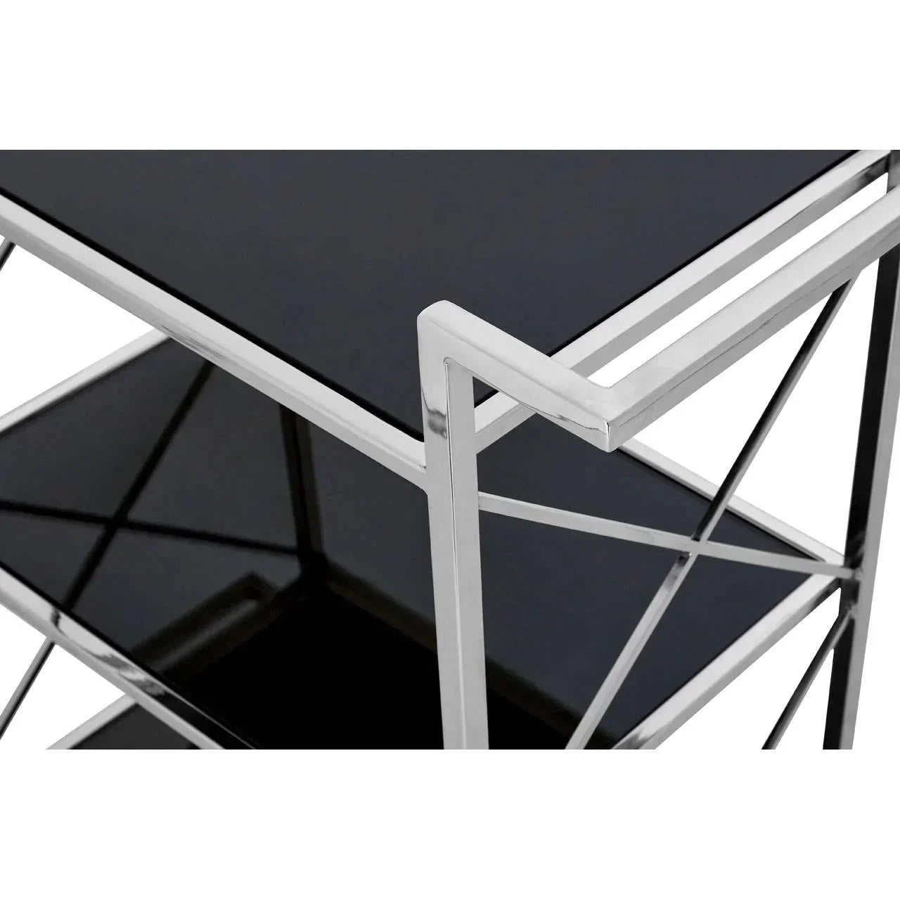 Chrome and black glass shelving unit corner with geometric metal frame detail