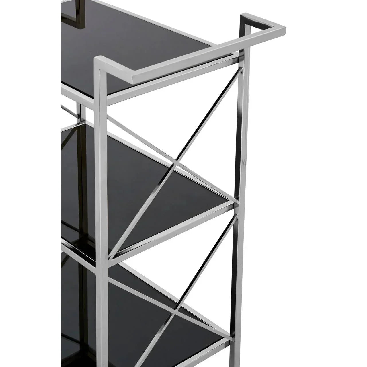 Modern shelving unit with chrome frame and black glass shelves, angled side view