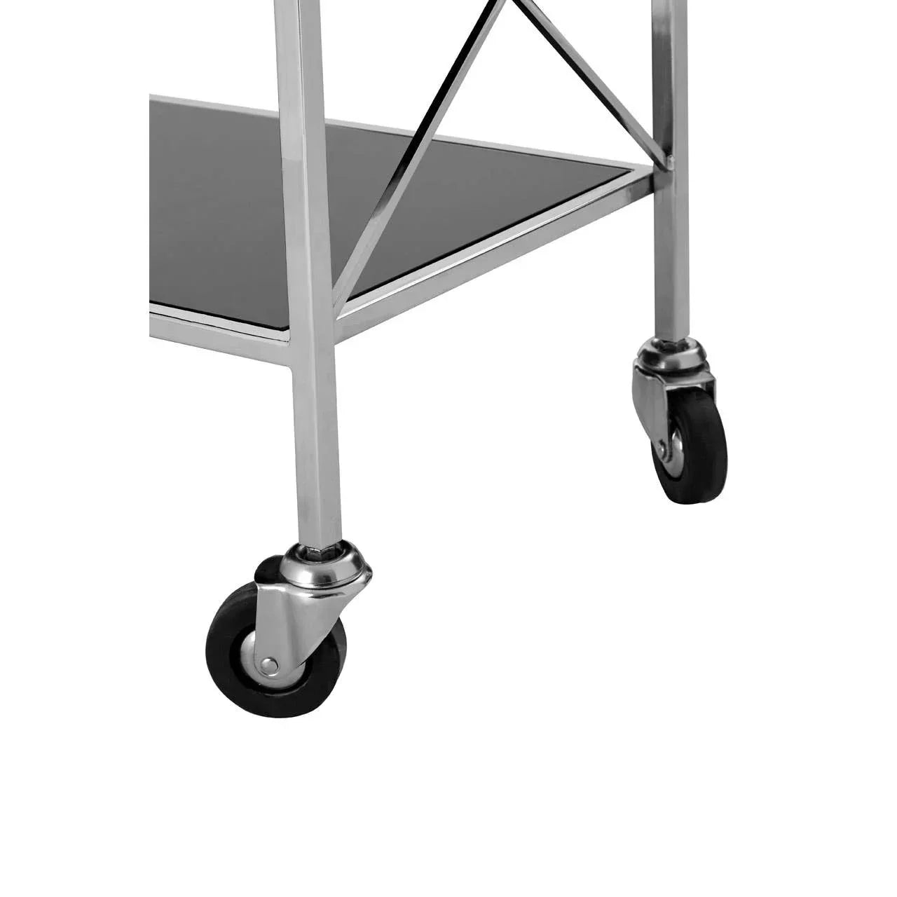 chrome and glass bar cart corner with black caster wheels and lower shelf detail