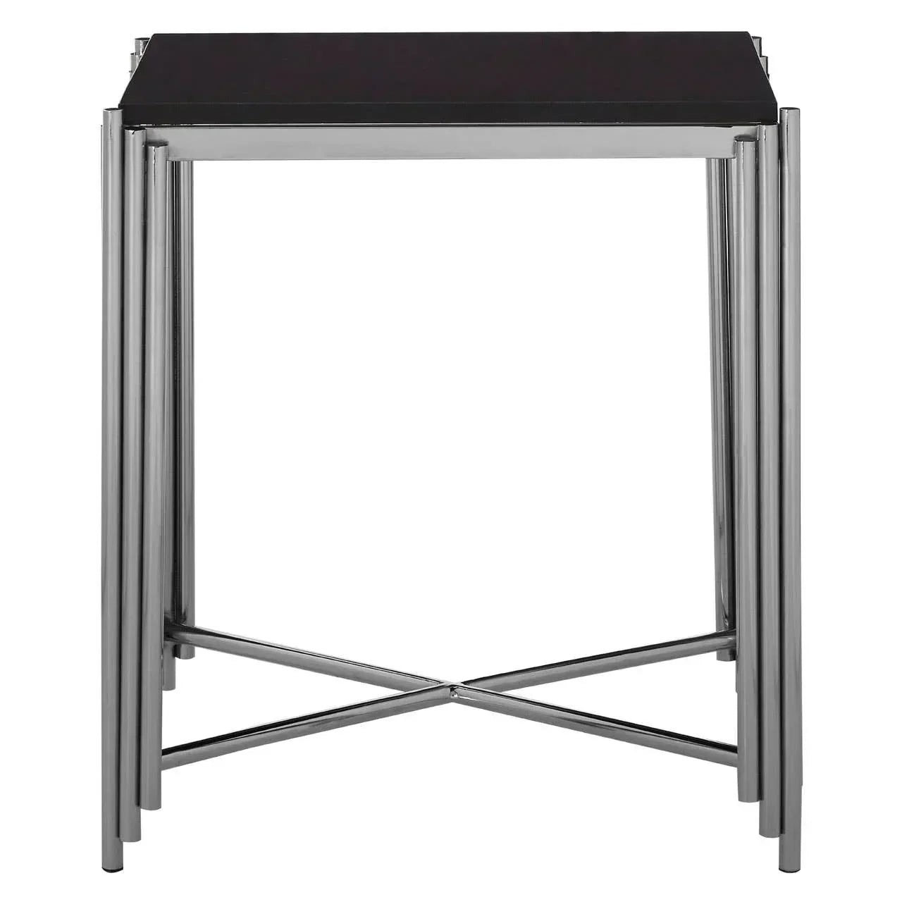 Set of black glass nest tables with chrome metal legs, front view