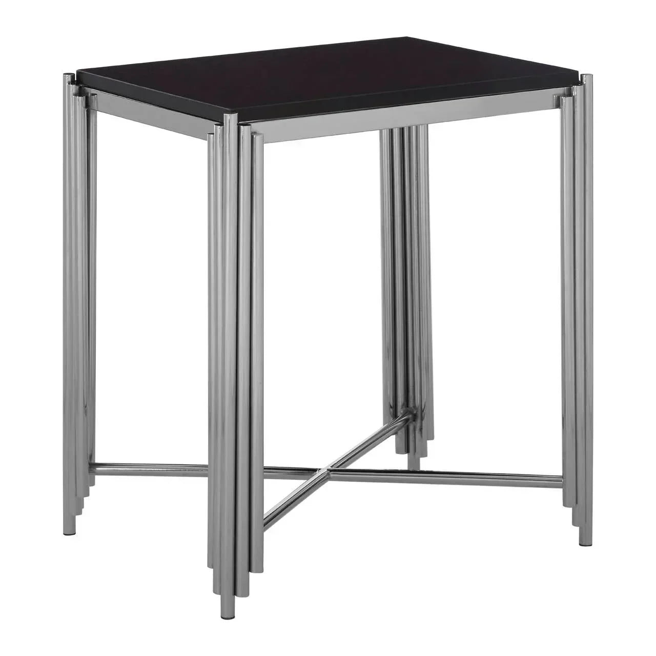 Modern side table with black glass top and chrome legs