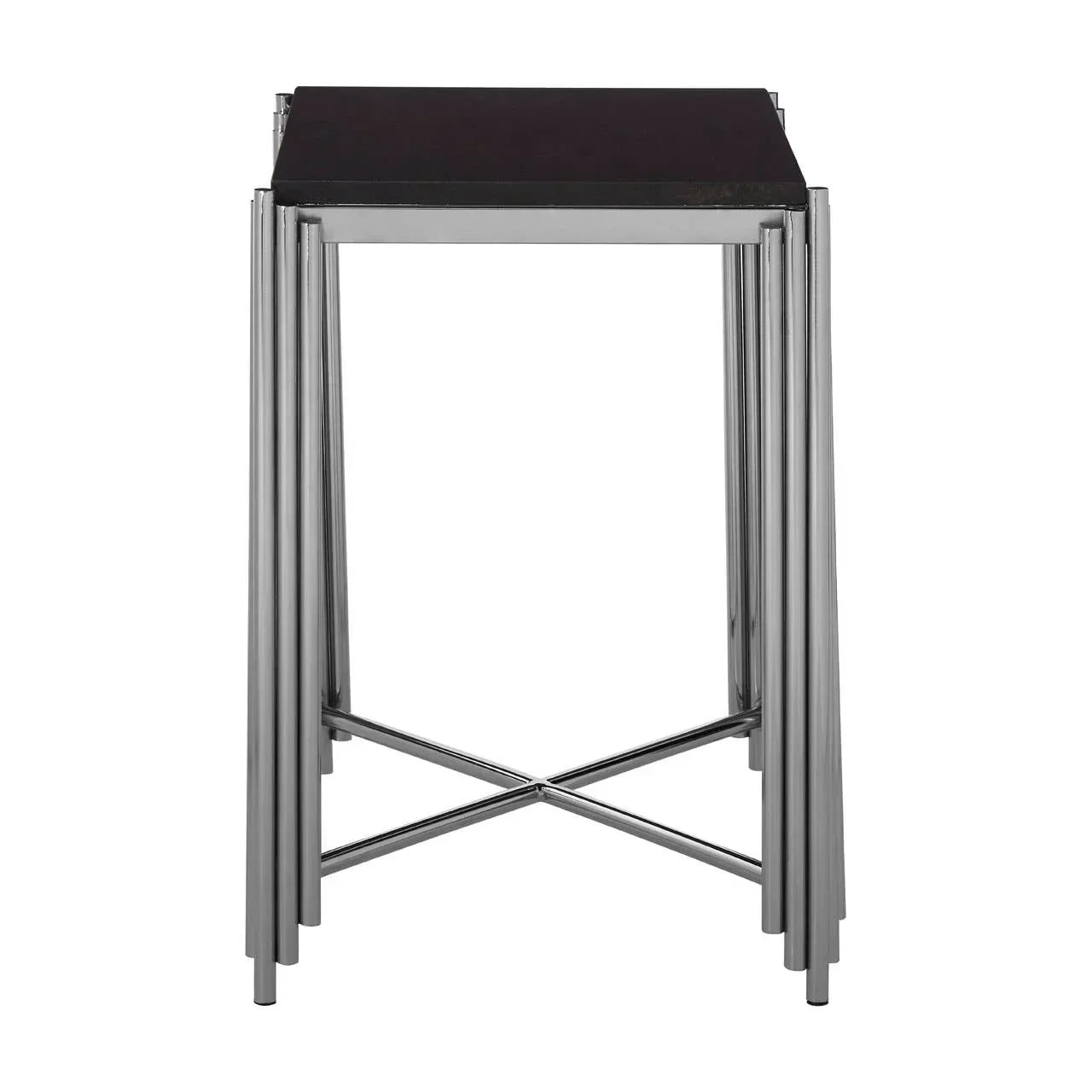 Black glass nesting tables with chrome metal legs, stacked together on white background