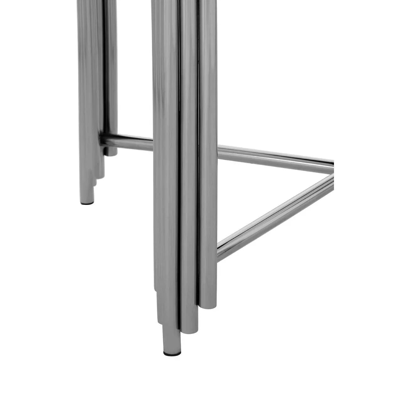 Chrome metal table legs with crossbar detail and modern tubular design