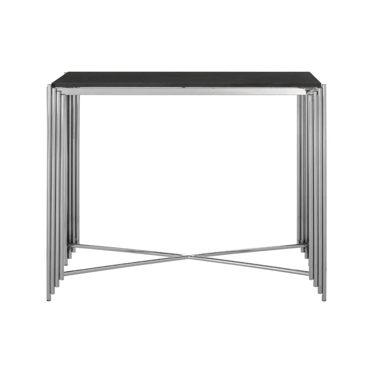 Black glass console table with chrome metal frame, front view