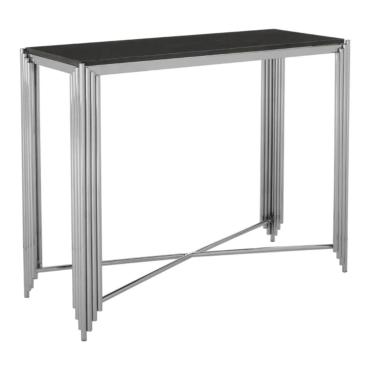 Modern console table with black top and chrome metal frame, geometric leg design
