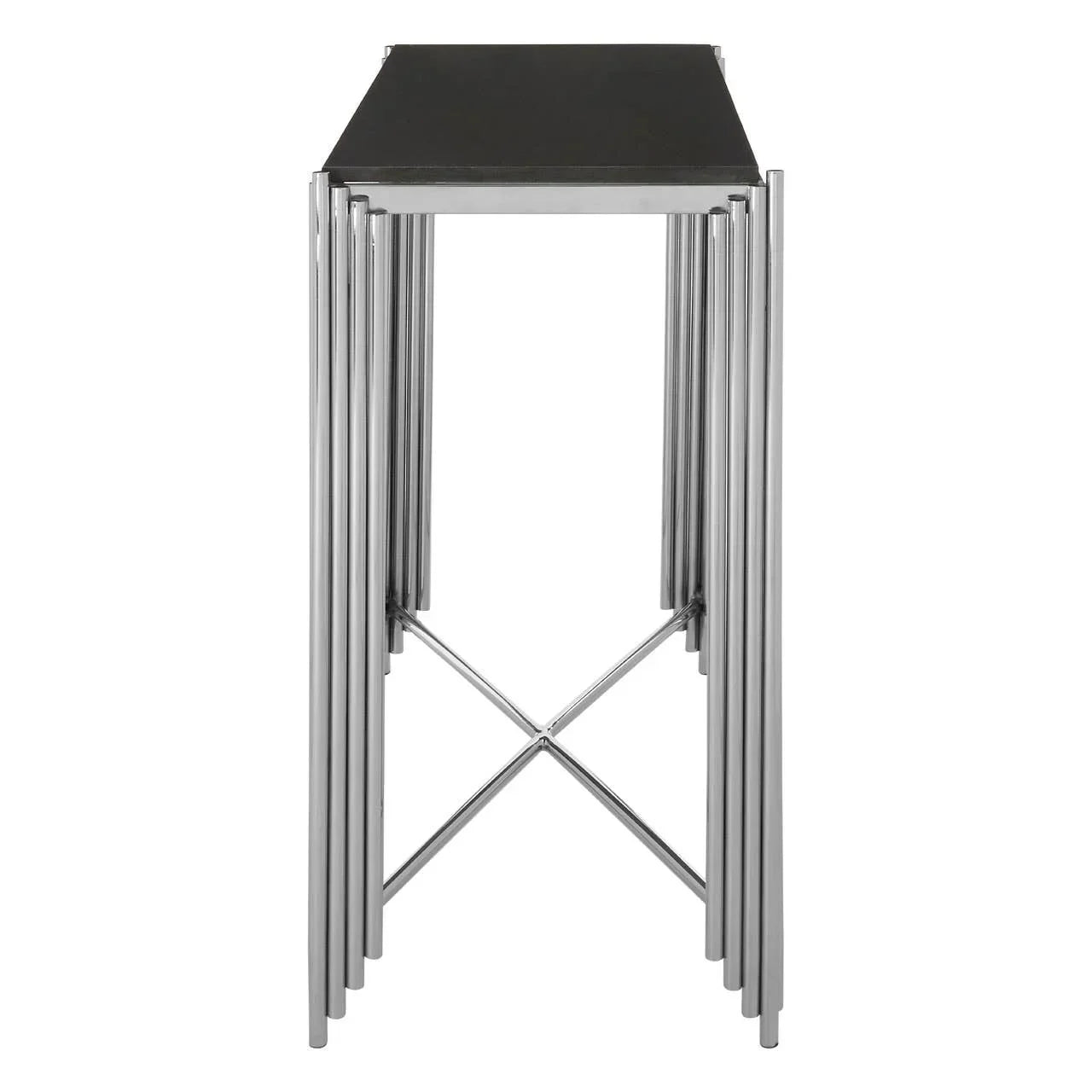Modern console table with black top and chrome legs, front view highlighting metal framework