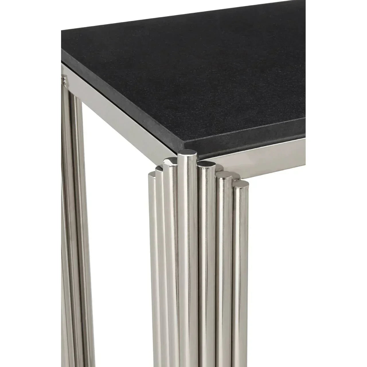 Black stone top console table with chrome metal tube legs, close up corner view