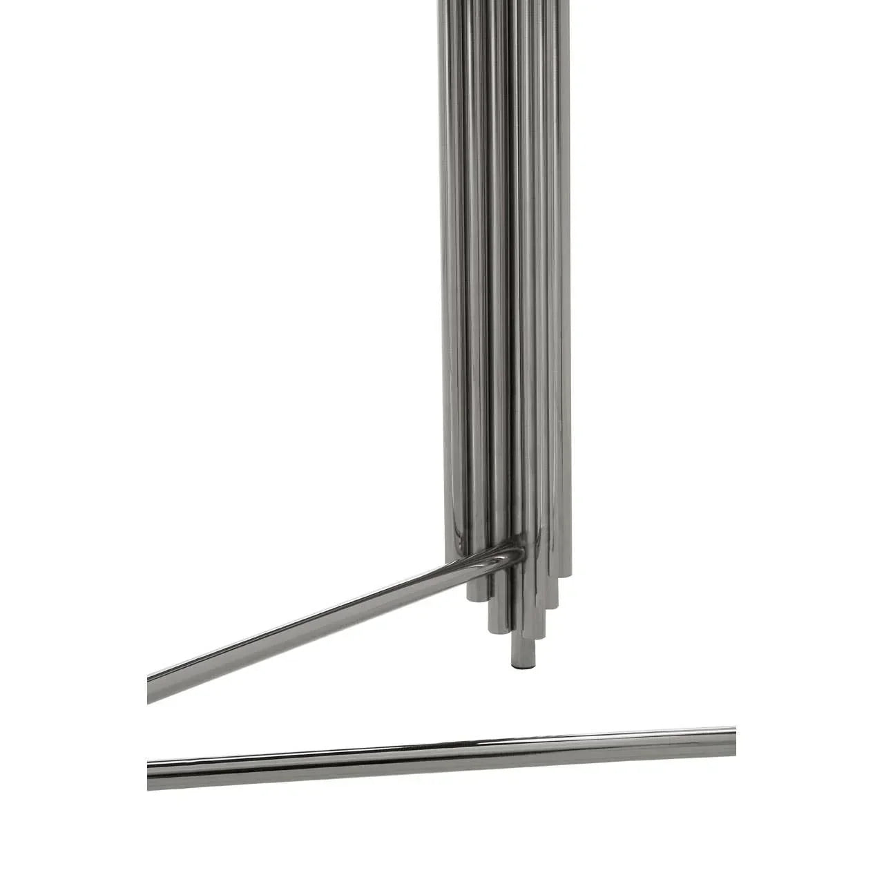Chrome dining table leg with modern ribbed metal finish, close-up view