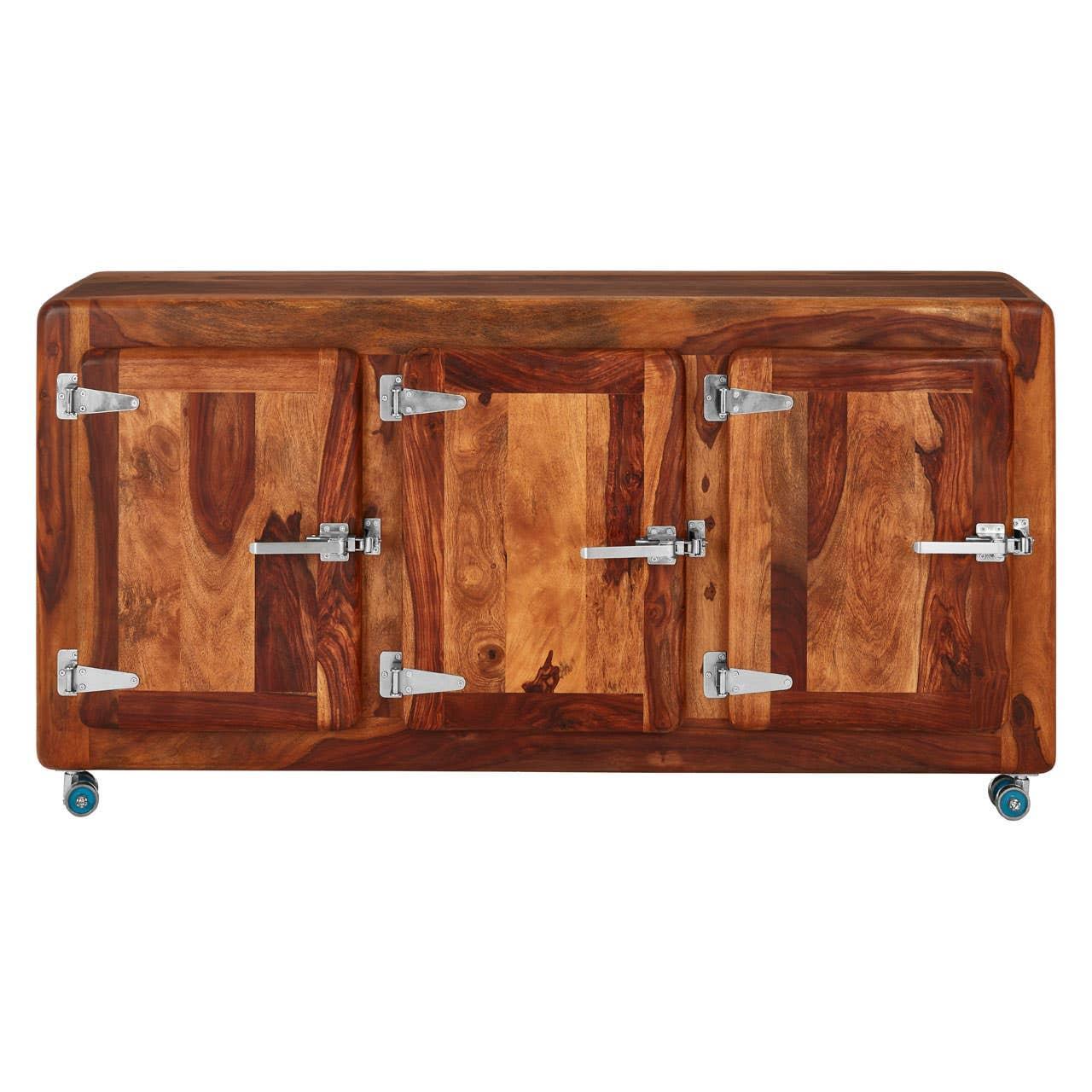 Solid wood sideboard with four panel doors, metal latches, and caster wheels
