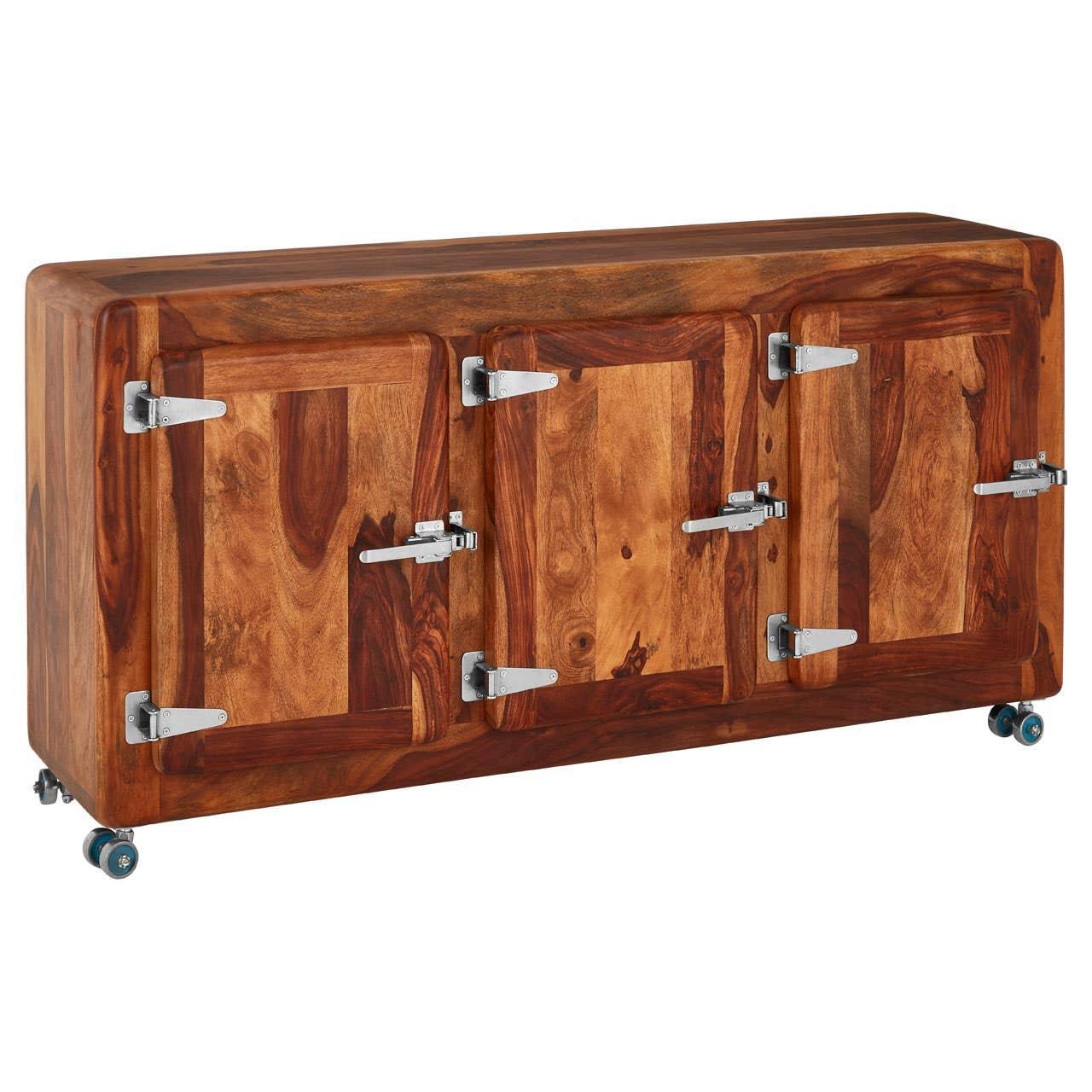 Solid wood sideboard with three paneled doors, metal handles, and caster wheels