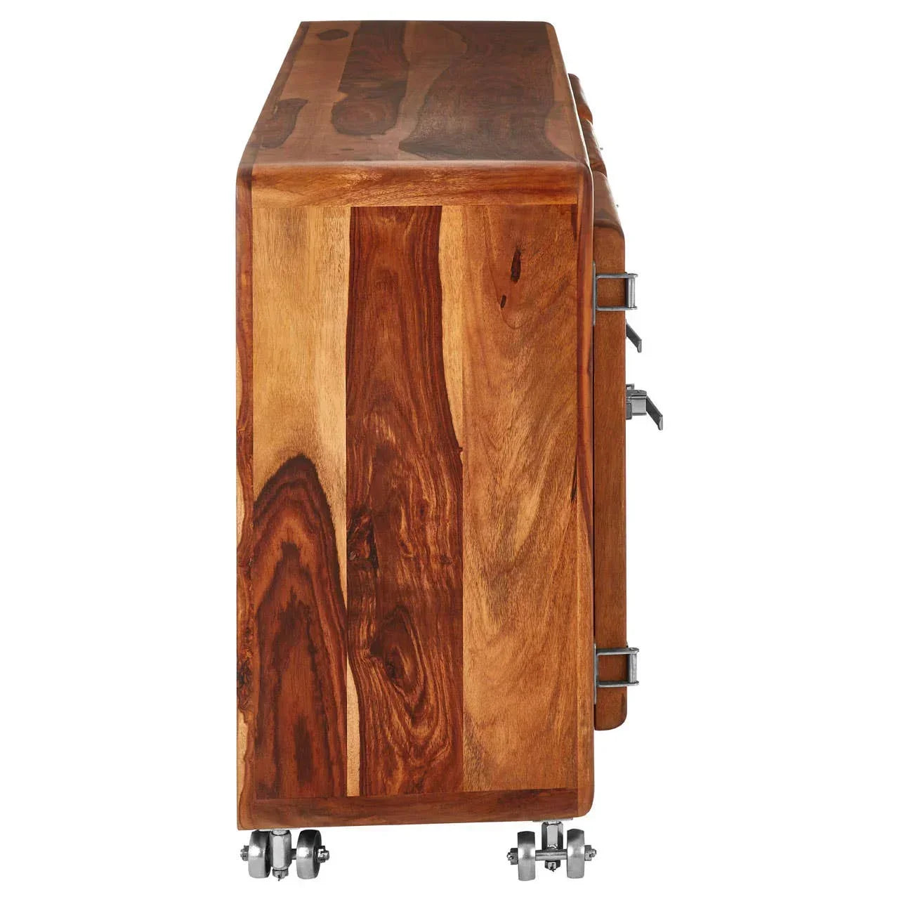 Side view of solid wood sideboard with natural grain and metal caster wheels