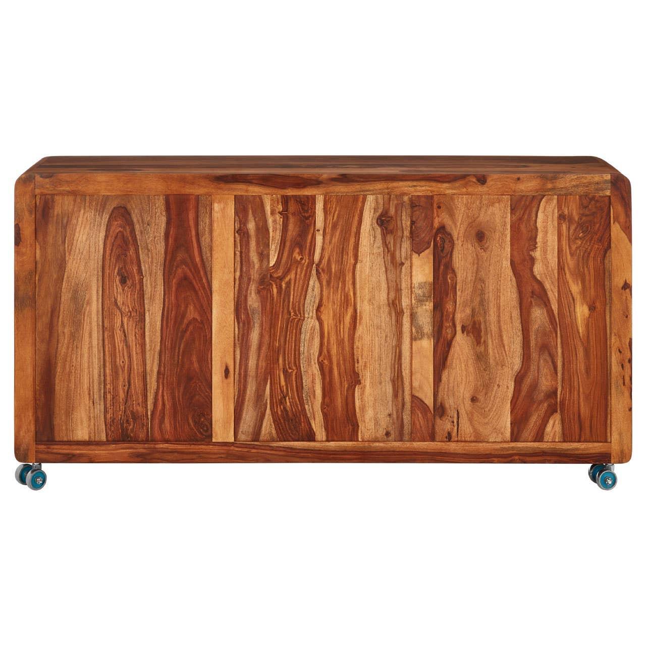 Solid wood sideboard with natural grain finish and caster wheels, front view
