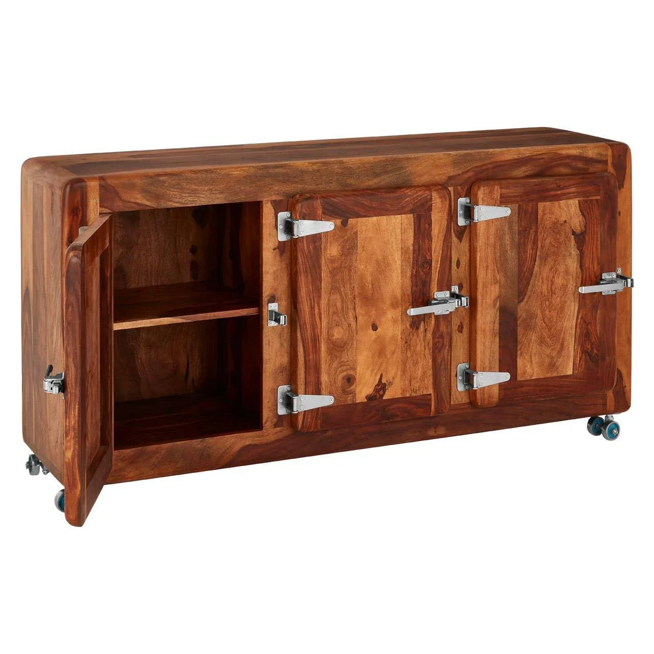 Solid wood sideboard with three doors, chrome hinges, and open shelving on castor wheels