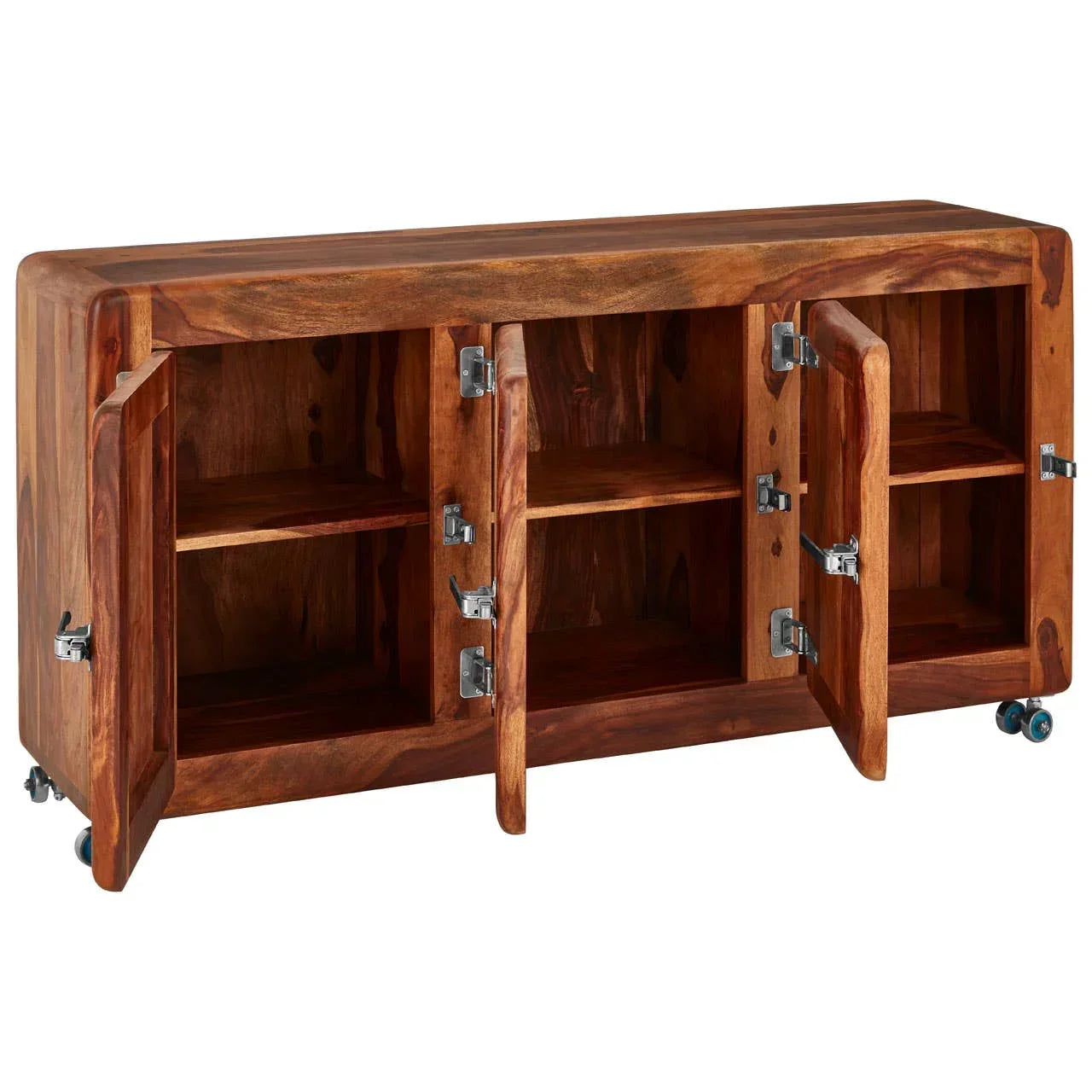 Solid wood storage sideboard with four open cabinet doors and visible shelving