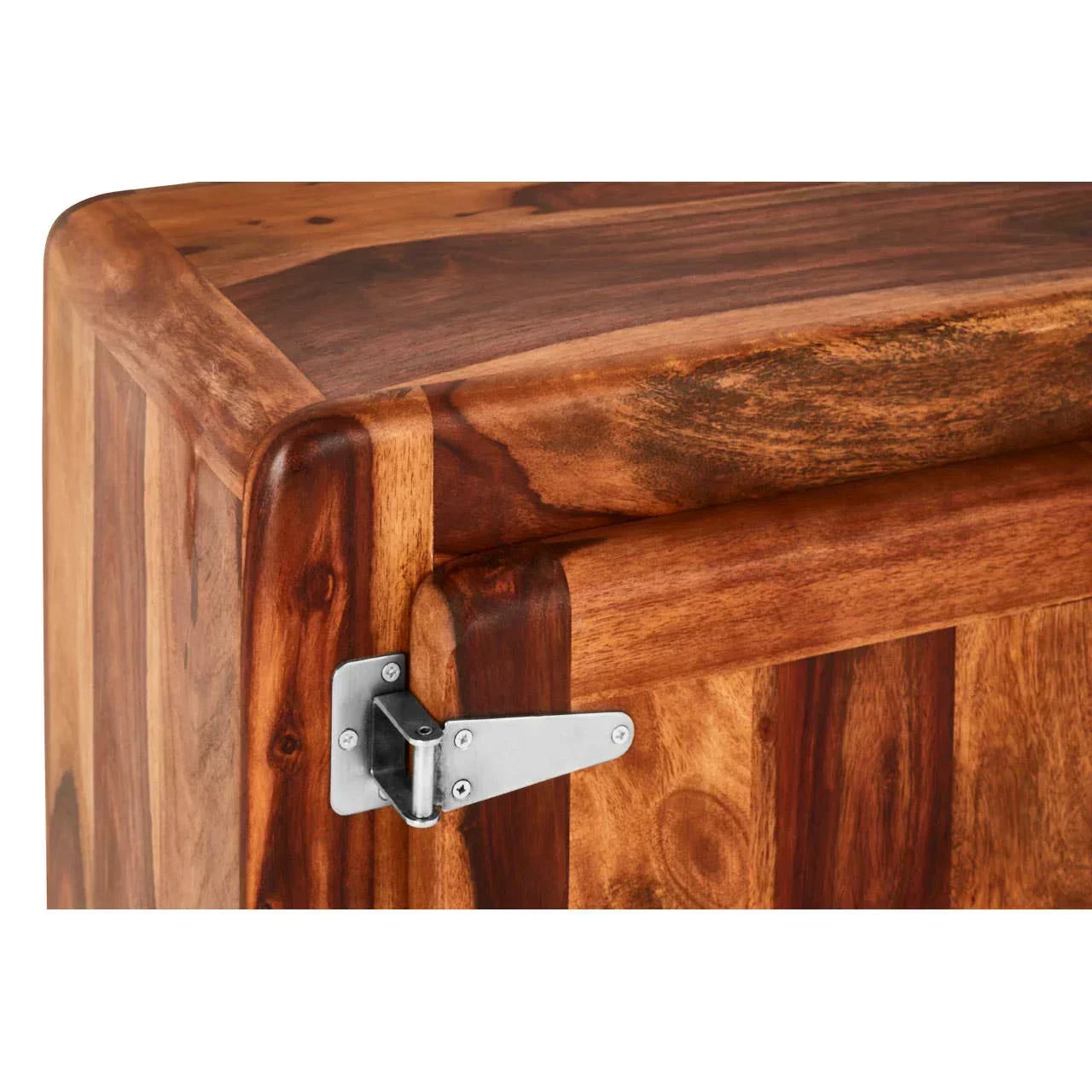 Solid wood furniture corner detail with visible metal hinge hardware