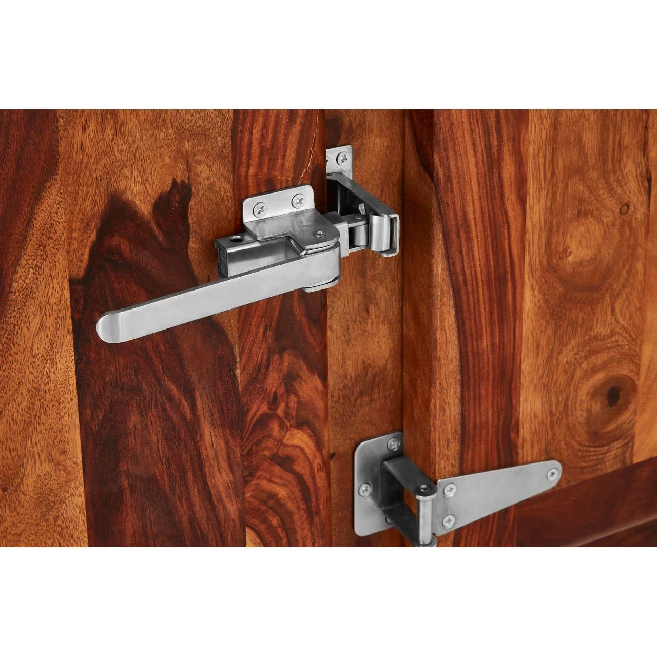 Solid wood cabinet with stainless steel latch and hinges, close-up of door hardware
