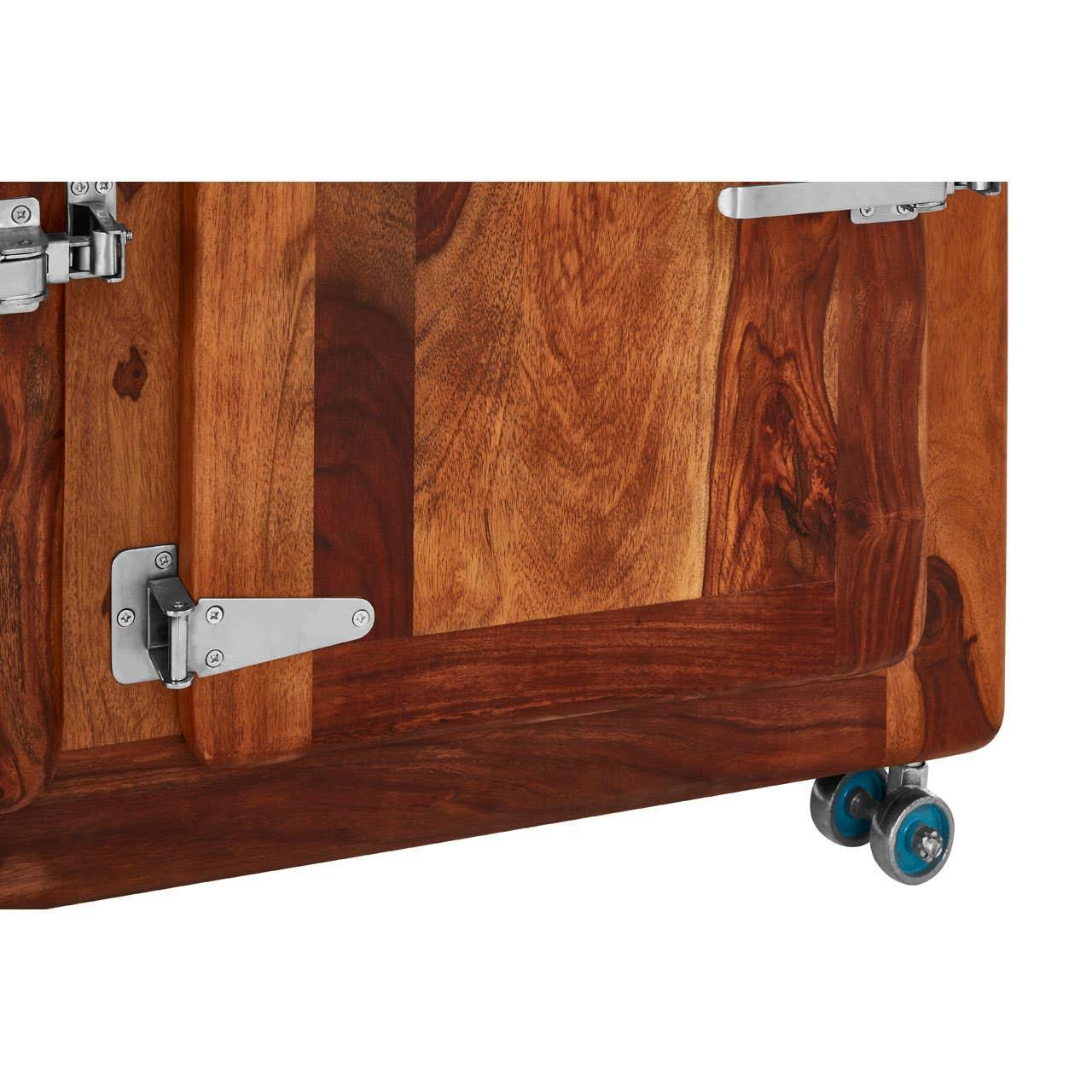 Solid wood furniture cabinet corner with silver metal hinges and blue caster wheels