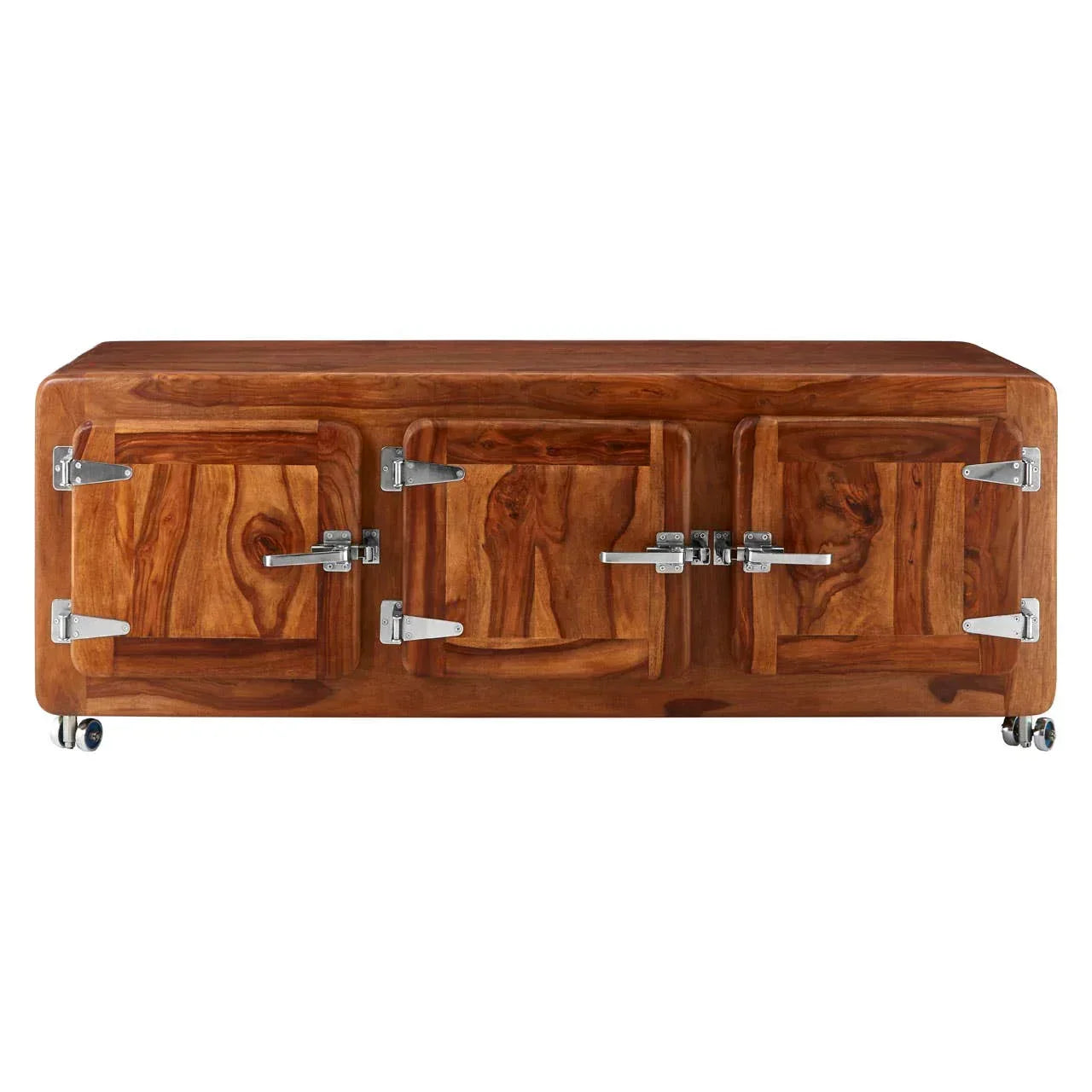 Solid wood sideboard with three metal-handled doors and caster wheels for easy movement