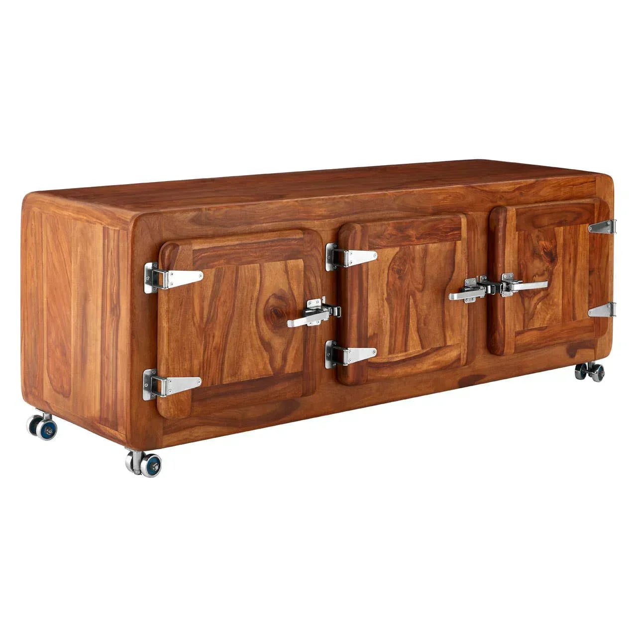 Solid wood sideboard cabinet with three hinged doors and metal handles on caster wheels